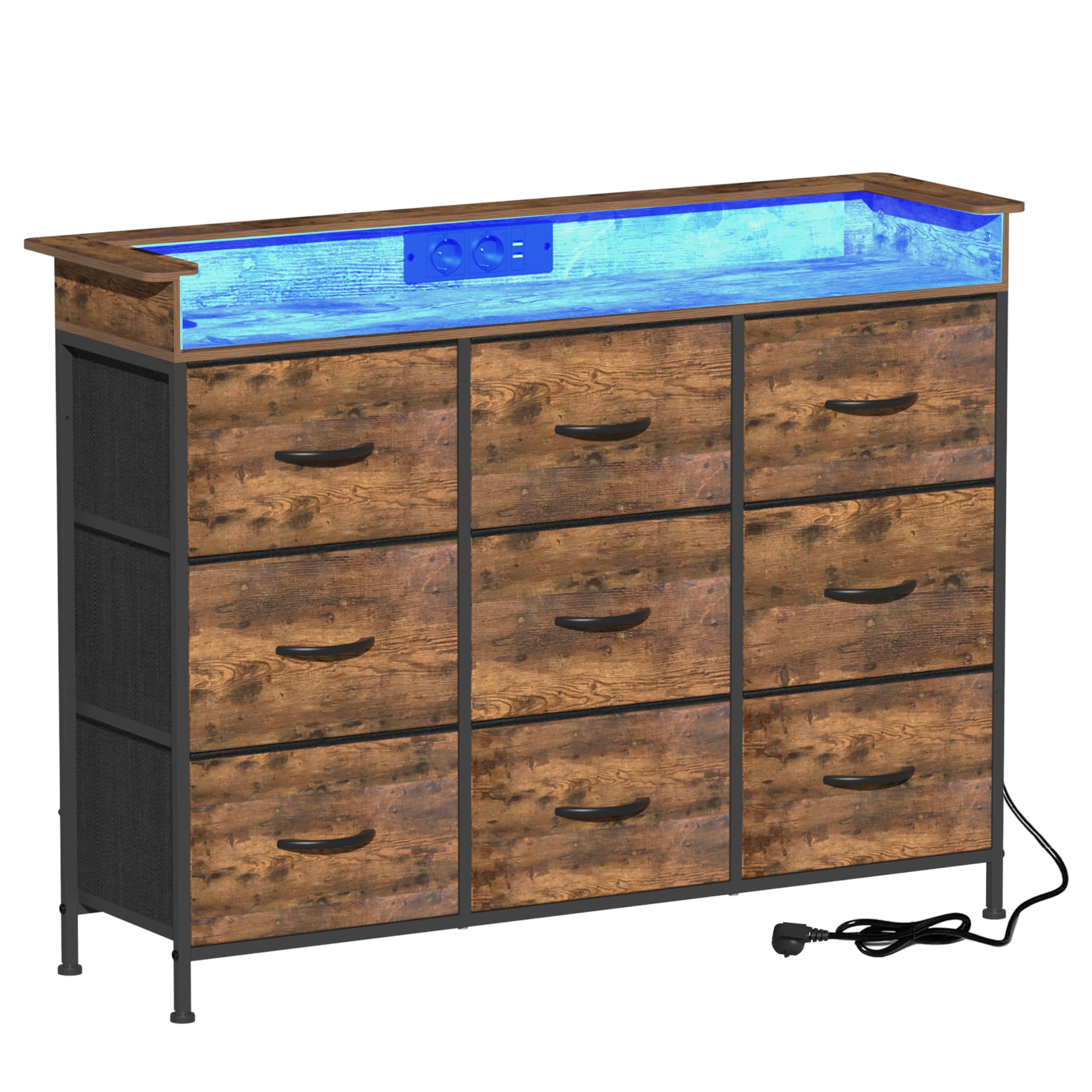 VEDECASA Kommode mit 9 Stoffschubladen und LED-Beleuchtung,2 USB-Ports & 2 AC-Steckdosen,Sideboard mit Holzplatte, Metallrahmen, 9 Schubladen kommode für Schlafzimmer, Wohnzimmer, Braun