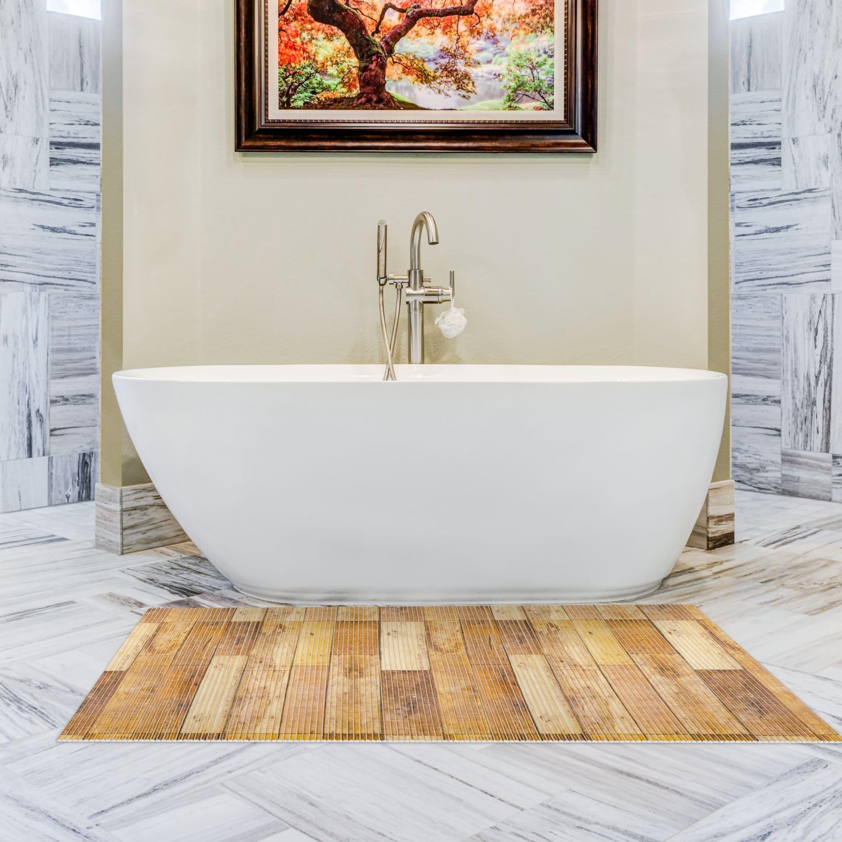 ANRO Alfombra de baño de espuma suave antideslizante para baño y ducha, madera, suelo, marrón, 500x130 cm