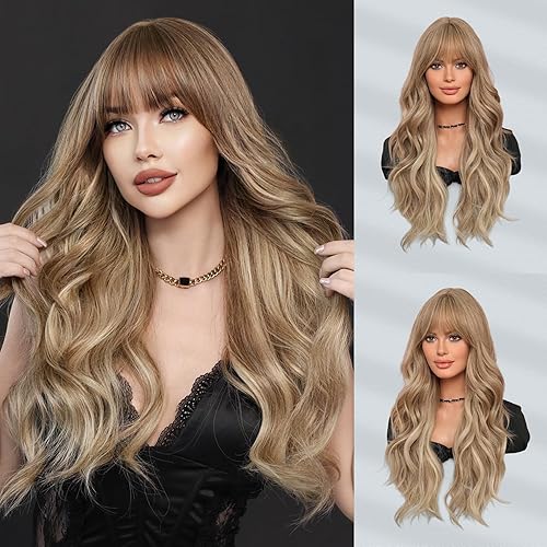 7JHH WIGS Peluca larga ondulada de color marrón claro con raíz oscura de 27 pulgadas, fibra sintética resistente al calor, rizada, color beige y