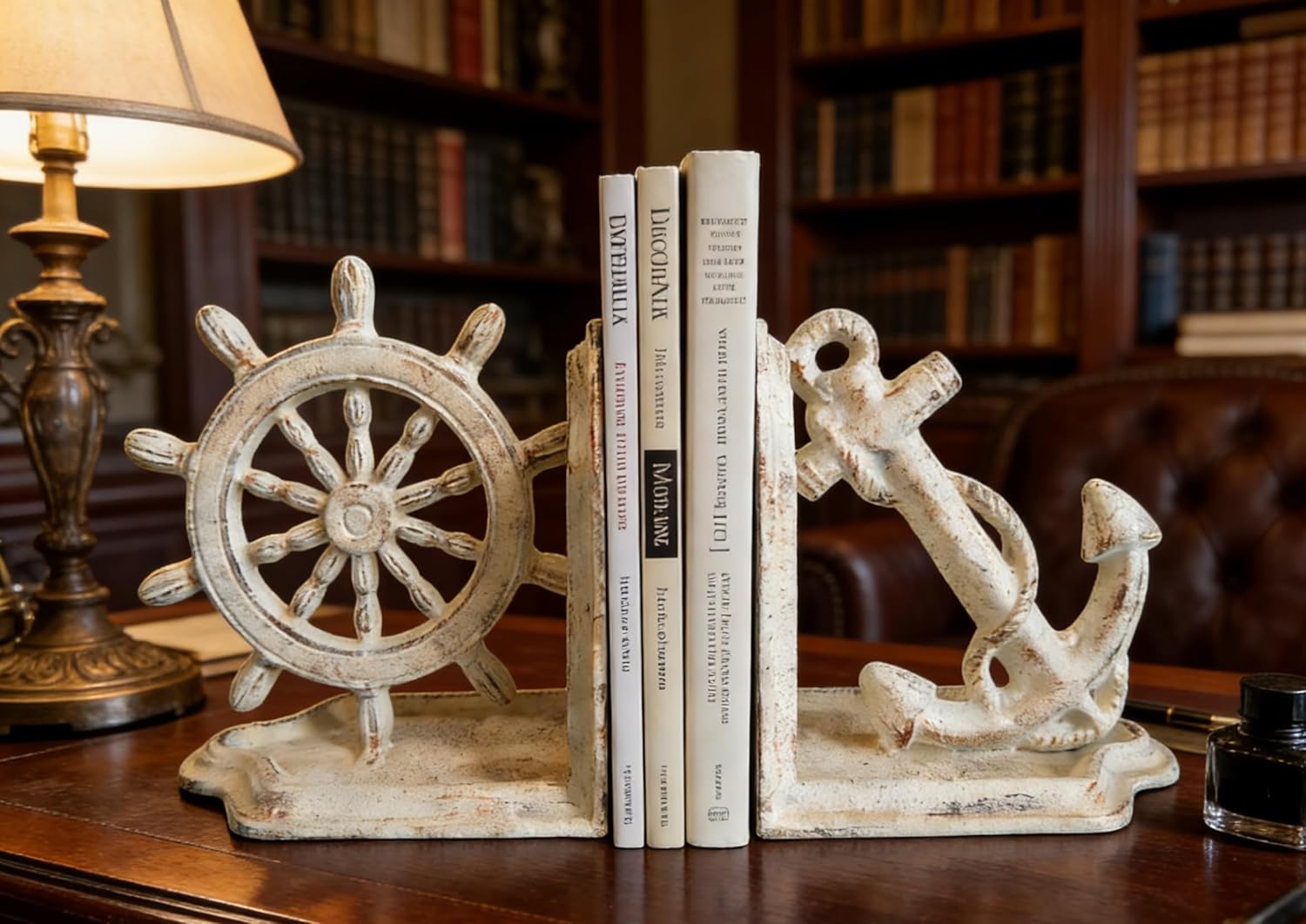 Anchor Bookends Decorative, Anchor and Nautical Ship Wheel Bookends Set,Heavy Duty Cast Iron Book Holder, Book Ends for Shelves Living Room Home Office, Antique Blue, 1 Pair/2Pieces (Antique White)