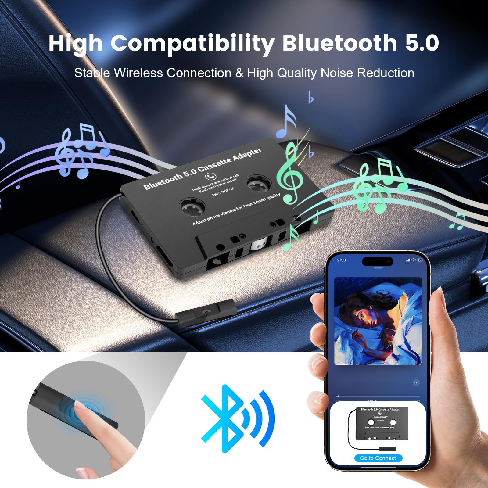 Jaxiyun Adaptateur de Cassette Voiture Bluetooth 5.0, Adaptateur pour Cassette vers AUX avec Microphone Intégré pour des Appels en Mains Libres sans Fil Universel,pour DVD Radio - 2
