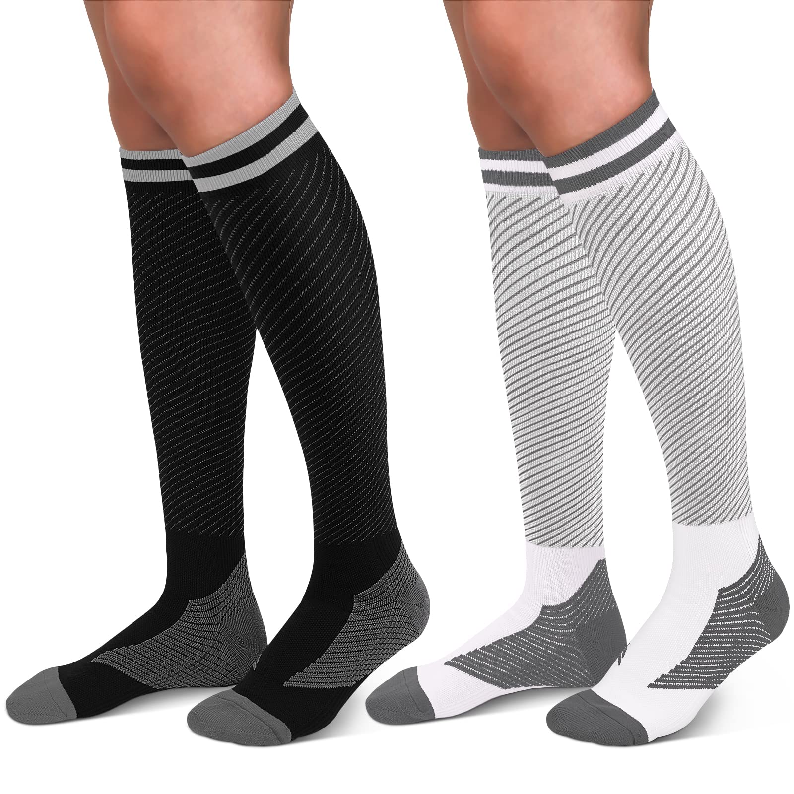 Photo 1 of 30-40mmHg Medical Graduated Compression Socks for Women&Men Circulation-Compression Stockings-Knee High Socks for Support,Hiking,Running(2 Pack Strip Black White,S-M)