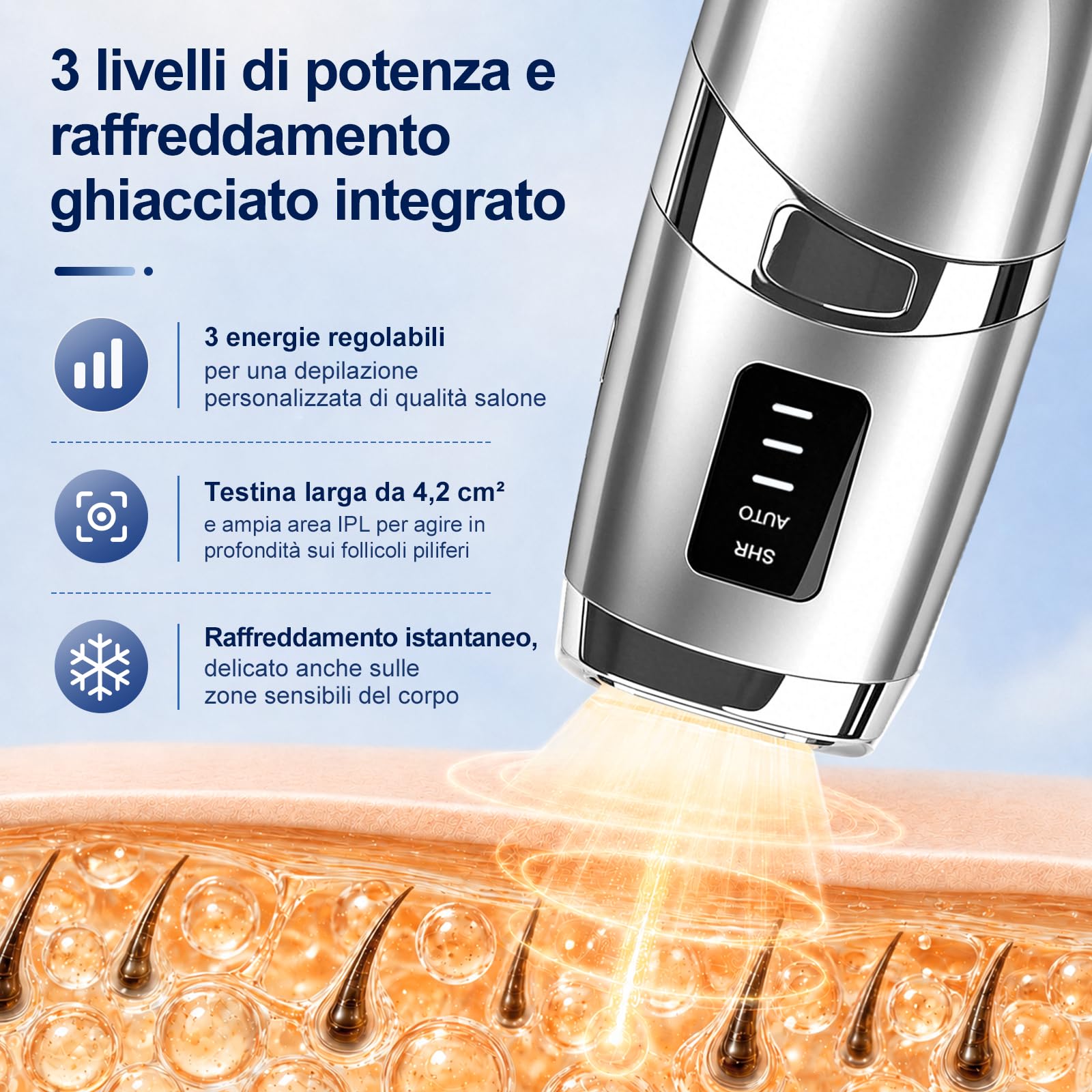 Epilatore IPL Luce Pulsata, con Raffreddamento Ghiacciato, 3 Livelli Energia 2 Modalità, Depilazione Definitiva per Viso Corpo Donna Uomo, per Adatto, Viso, Gambe, Braccia