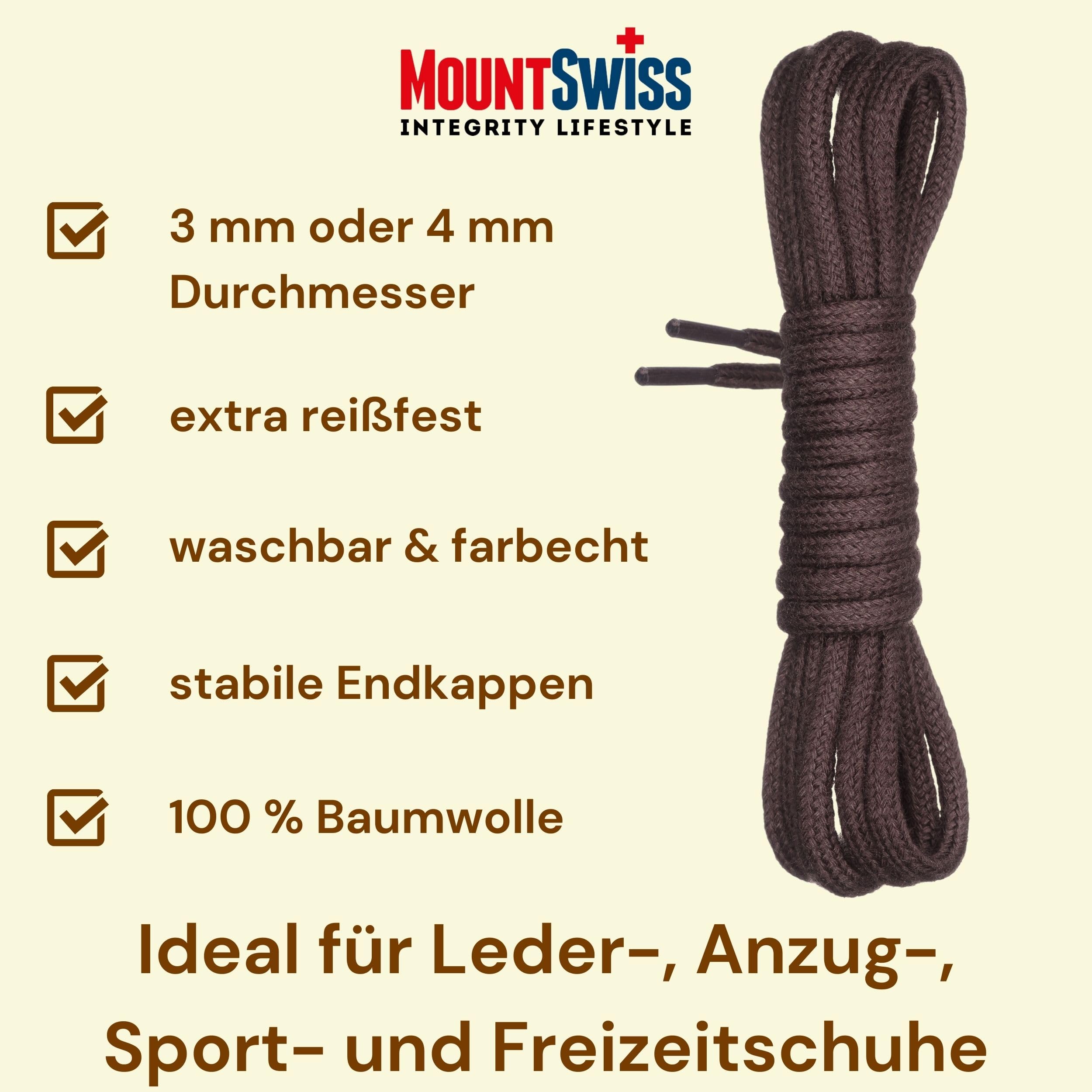 Mount Swiss Lacets ronds, qualite premium 100% coton, indéchirable, ø 3 mm -4 mm, Longeur 45-200 cm - 3
