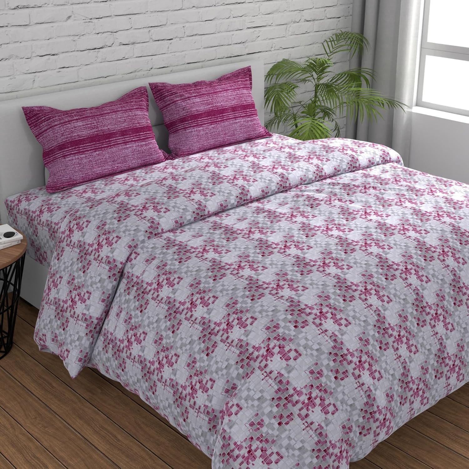 Huesland by Ahmedabad Cotton 144 TC King Size Bedsheet Cotton with 2 Pillow Covers | Grid | 108 x 108 inches | Burgundy, Grey & White (B0D79CCVWH) Amazon Price History, Amazon Price Tracker
