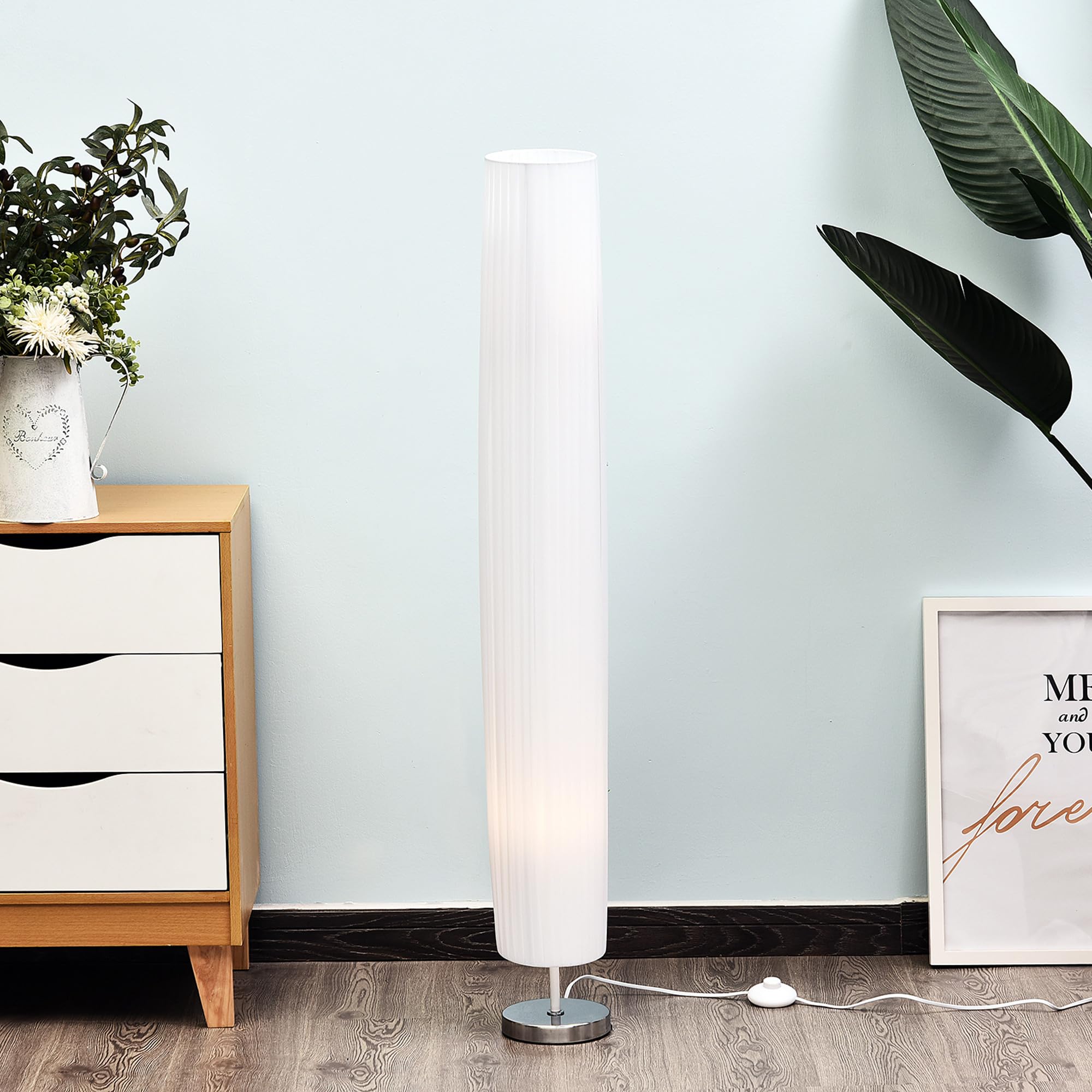 HOMCOM Lámpara de Pie Moderna para Dormitorio Comedor Salón (2 E27 Bombilla) Interruptor de y Bajo Consumo con Base de Acero Inoxidable 120 cm Blanco