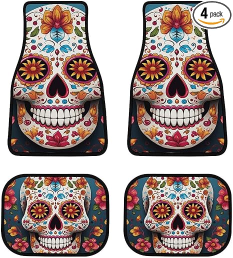 Vehicle Protection Mats, Colorful Sugar Skull Print 4-Piece Car Mat Set All-Weather Floor Mats Universal Fit for All Vehicles