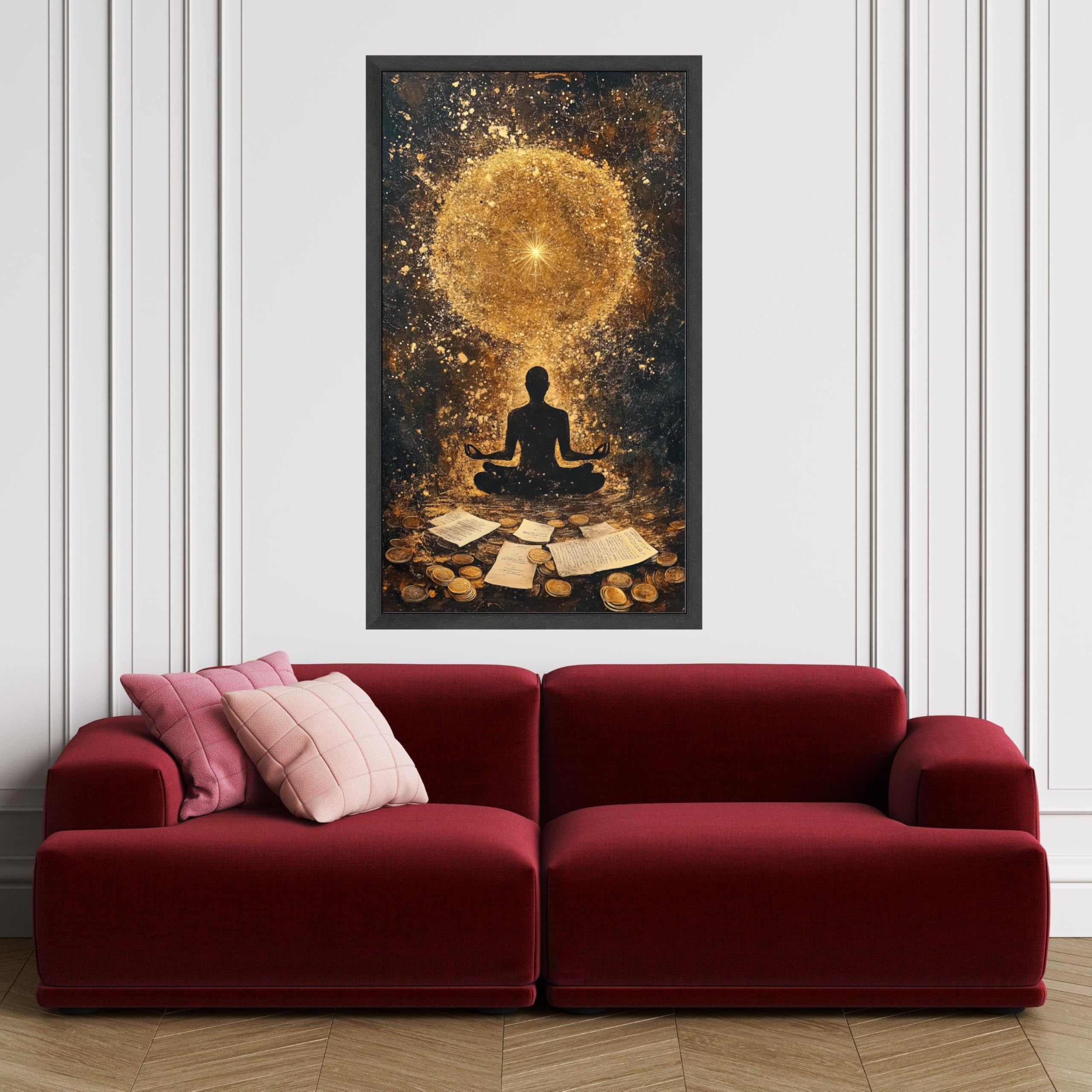 Silueta de meditación con aura dorada, lienzo espiritual para pared, pintura abstracta de meditación, decoración del hogar, mindfulness (80 x 150 cm/marco interior)