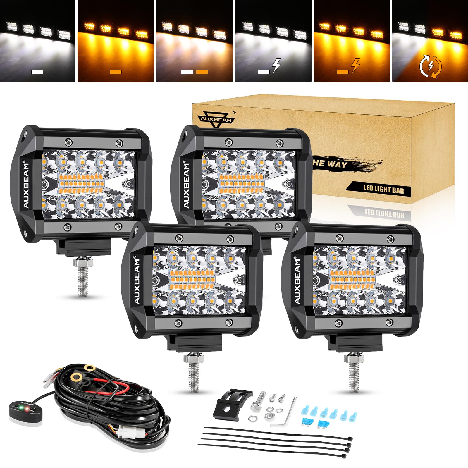 Auxbeam 4 Inch 240W LED Pods, Amber White Fog Light Strobe Lights, 4 Packs 4 Inch (4 Packs)