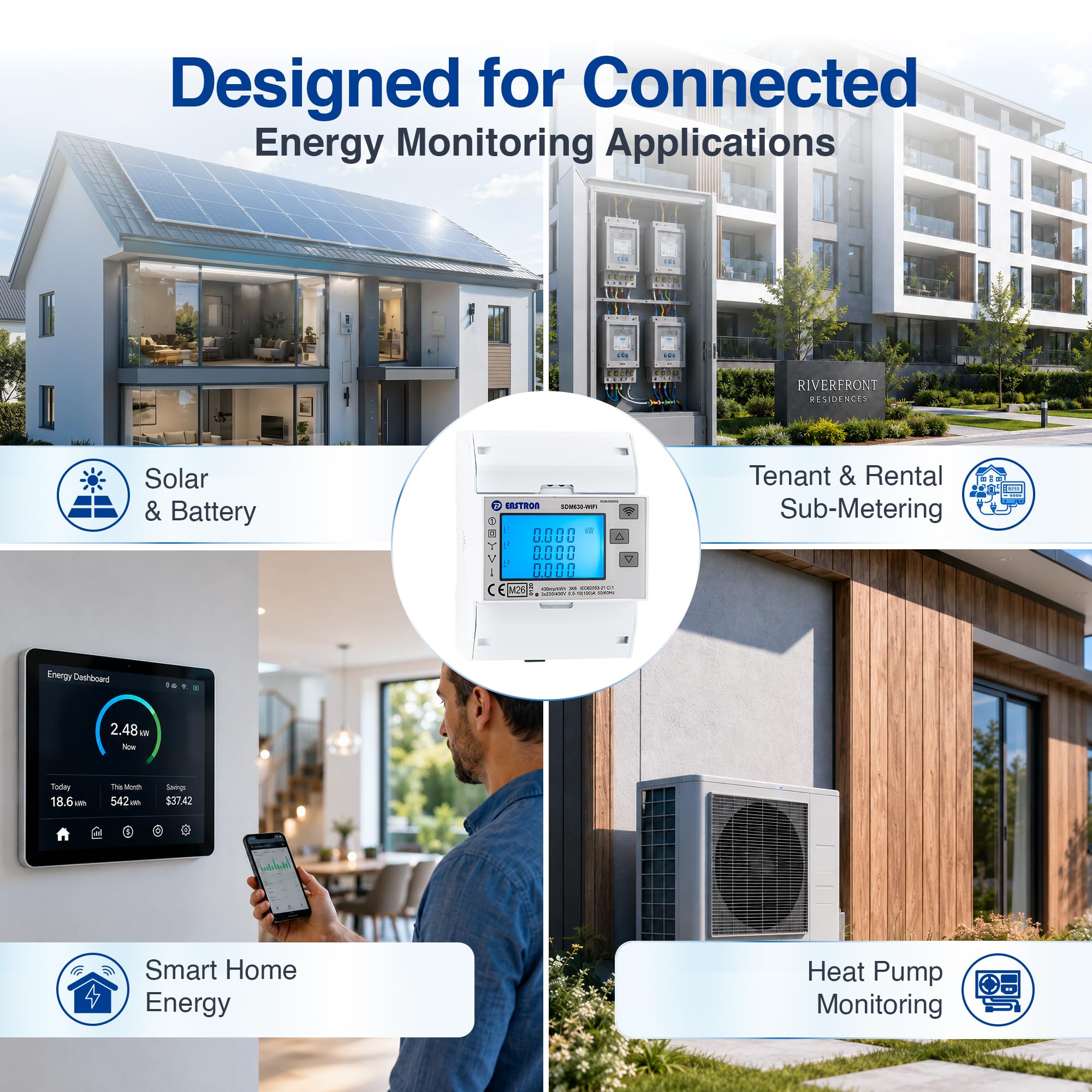 Eastron SDM630-WIFI-MID licznik energii – licznik prądu zmiennego trójfazowego 100A bezprzewodowy z Wi-Fi – odczyt zdalny przez aplikację Tuya i Smart Life, bez opłaty abonamentowej – certyfikowany