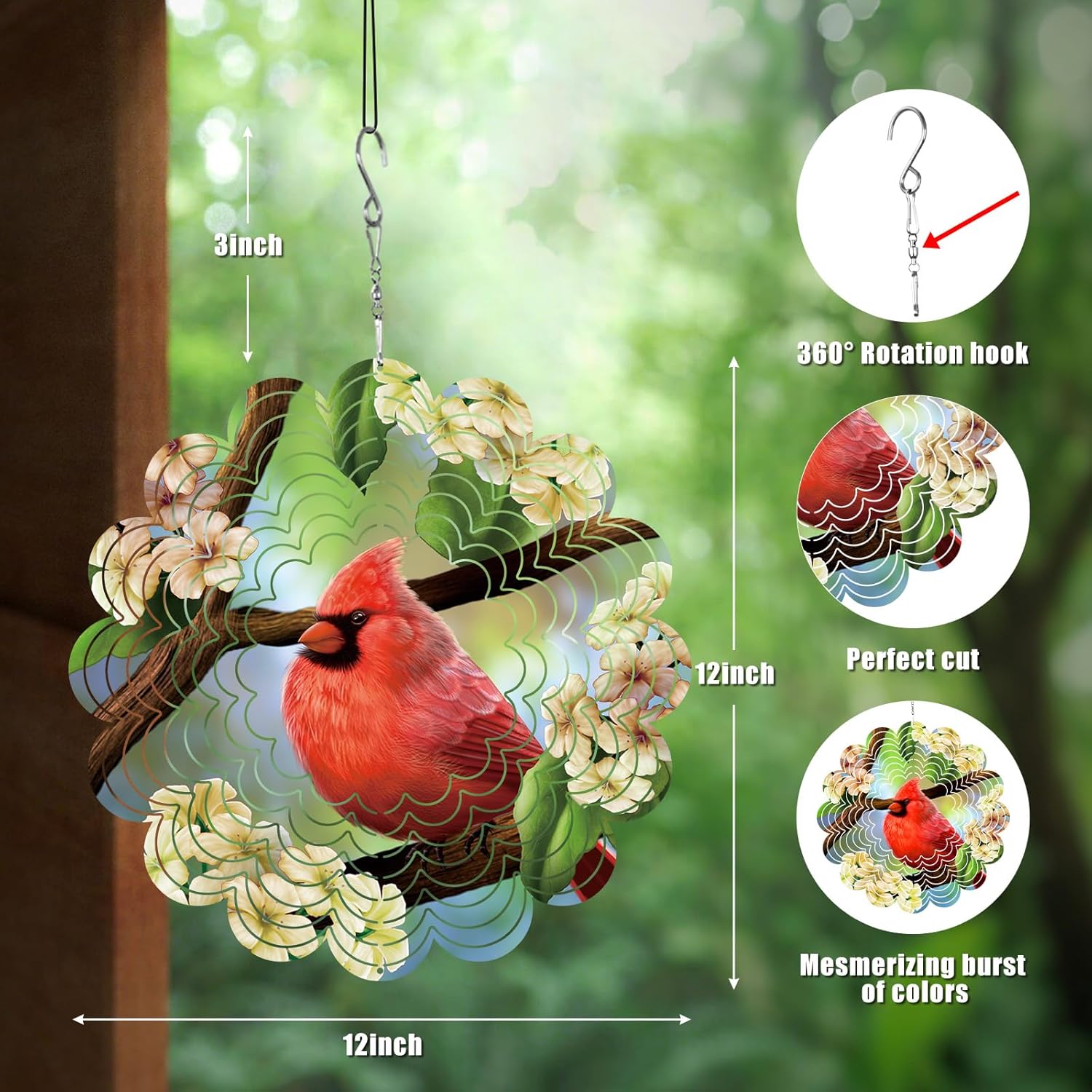 Cardinal Gifts for Women,Cardinal Hanging Wind Spinners 12in, Outdoor Metal 3D Wind Spinner, Stainless Steel Hanging Wind Catchers Sculpture for Outside Decoration