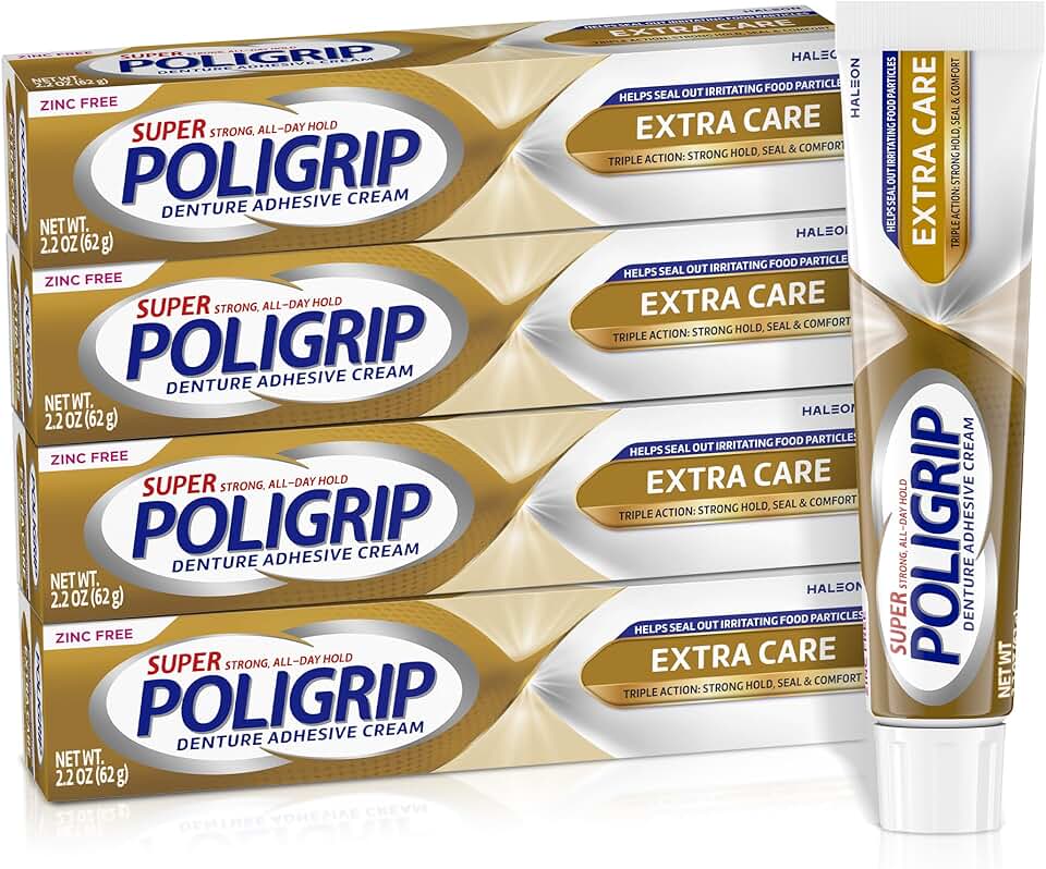 Super Poligrip Extra Care Denture Adhesive Cream, Zinc Free Denture Cream - 2.2 Ounce (Pack of 4)