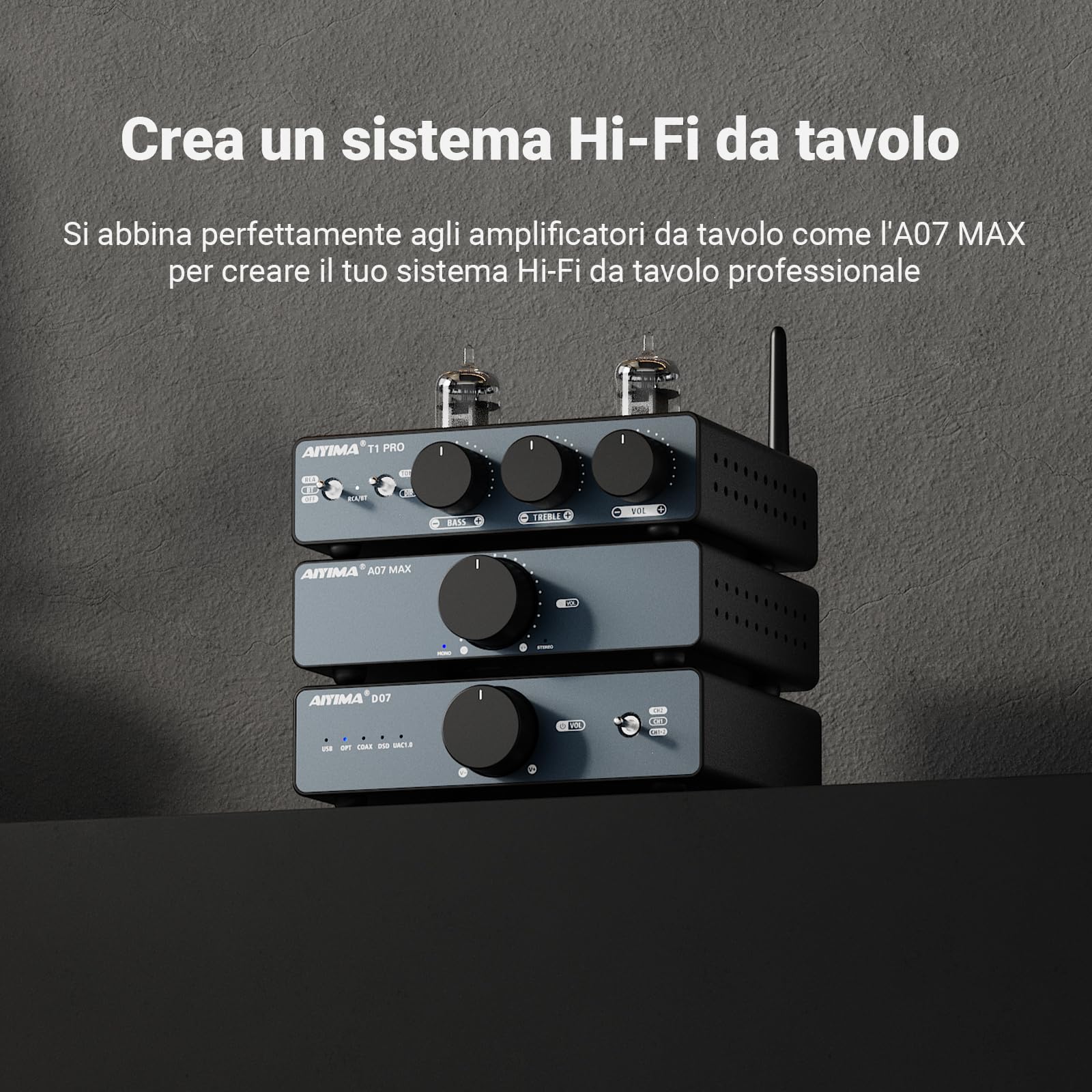 AIYIMA D07 Mini desktop HiFi DAC convertitore audio digitale analogico decoder AK4493S per amplificatore stereo domestico e amplificatore per cuffie, ingresso ottico/coassiale/USB, uscita RCA, 32 bit