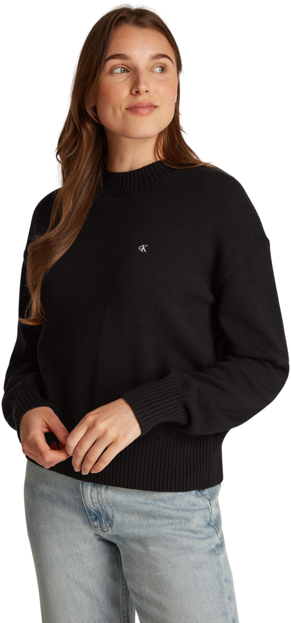 Calvin Klein Women’s Monogram Embroidered Cotton Crew Neck Jumper, Black (Ck Black), XXS