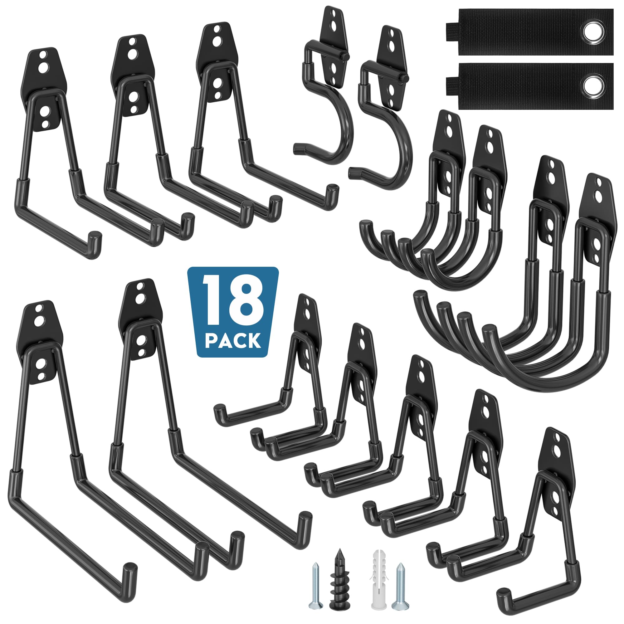 BONTEC 18 Stück Wandhaken Set, Stahl-Haken für Garage, Werkstatt, Fahrradhalterung, Gartengeräte, U/J/S-Hakens, Schwarz mit Anti-Rutsch-Beschichtung, geeignet für Trockenbau & Ziegelwände