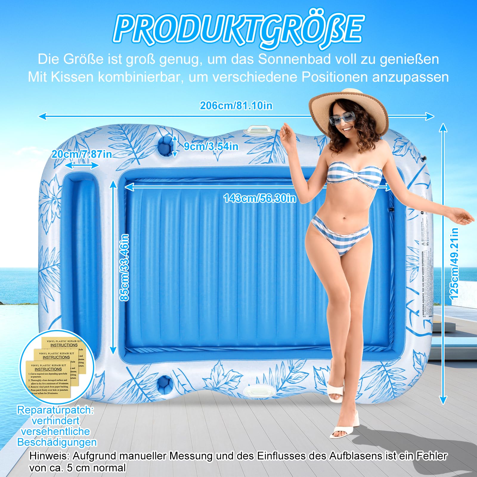 Charmofun Aufblasbarer Tanning Pool, Luftmatratze Pool Hängematte mit Tassenhalter, Pool Lounge aufblasbare Liege, Aufblasbare Sonnenpool Wasserhängematte für Erwachsene und Kinder (Blau)