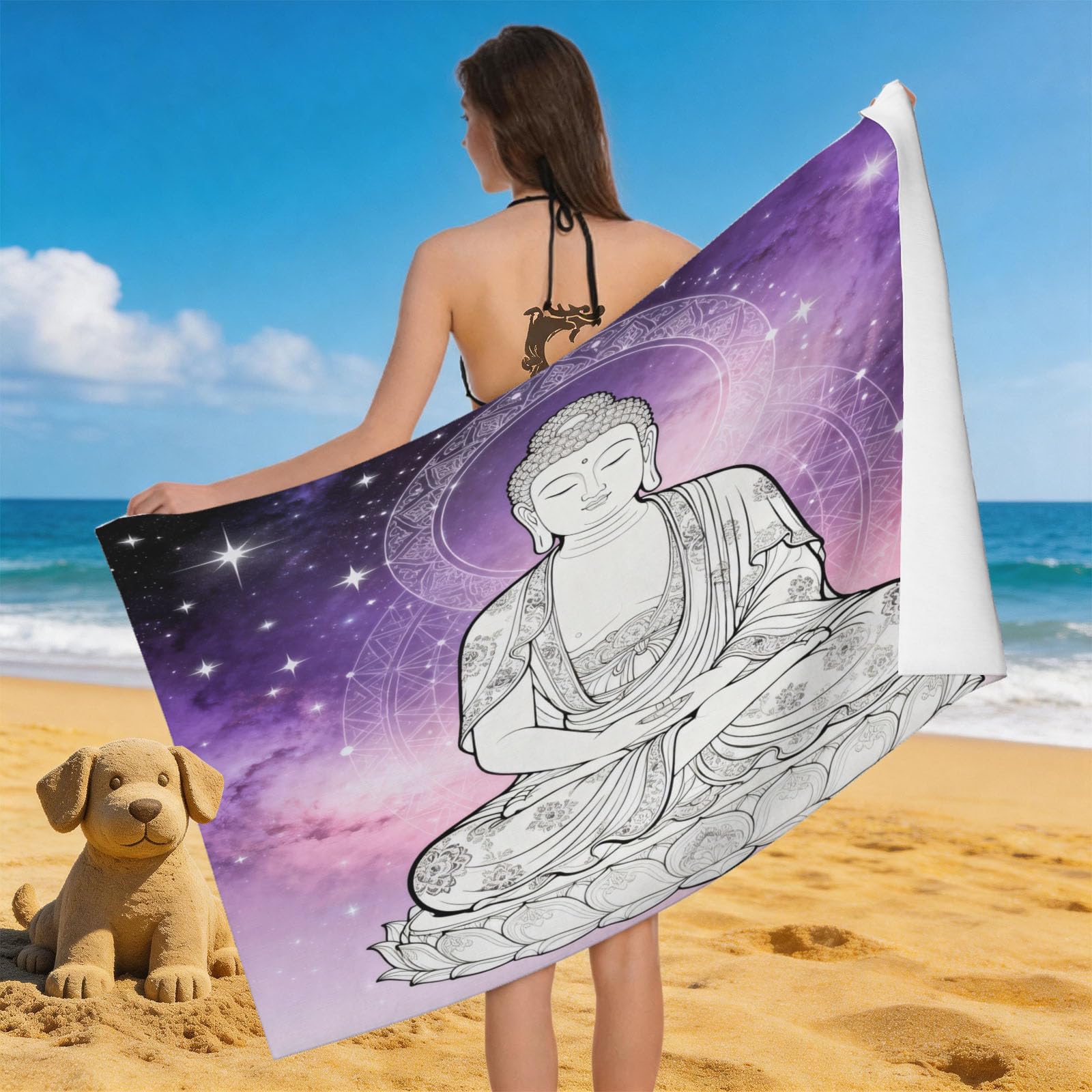 Leichong 3D Zen Beach Towel Large Microfiber Soft Quick Dry for Adults, Mystical Bath Towel Lightweight Soft Absorbent for Travel Swimming Pool Sports, 180 x 90 cm