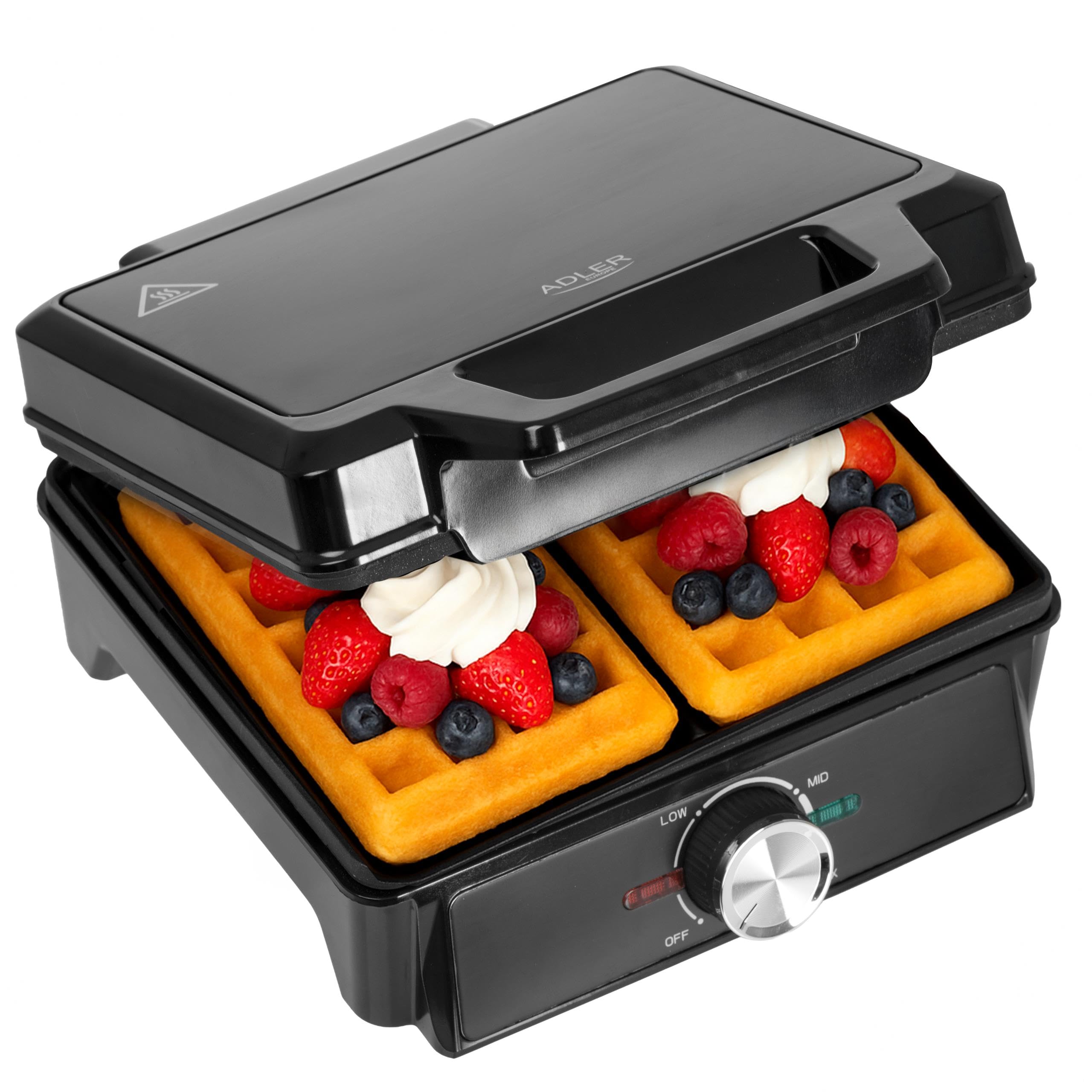 ADLER EUROPE Waffeleisen Belgische Waffel – Doppelwaffeleisen mit Temperaturregelung – 2000W Waffelautomat – Antihaftbeschichtung und Wärmeisolierter Griff - Tief-Heizplatten 9cm x 14,5cm