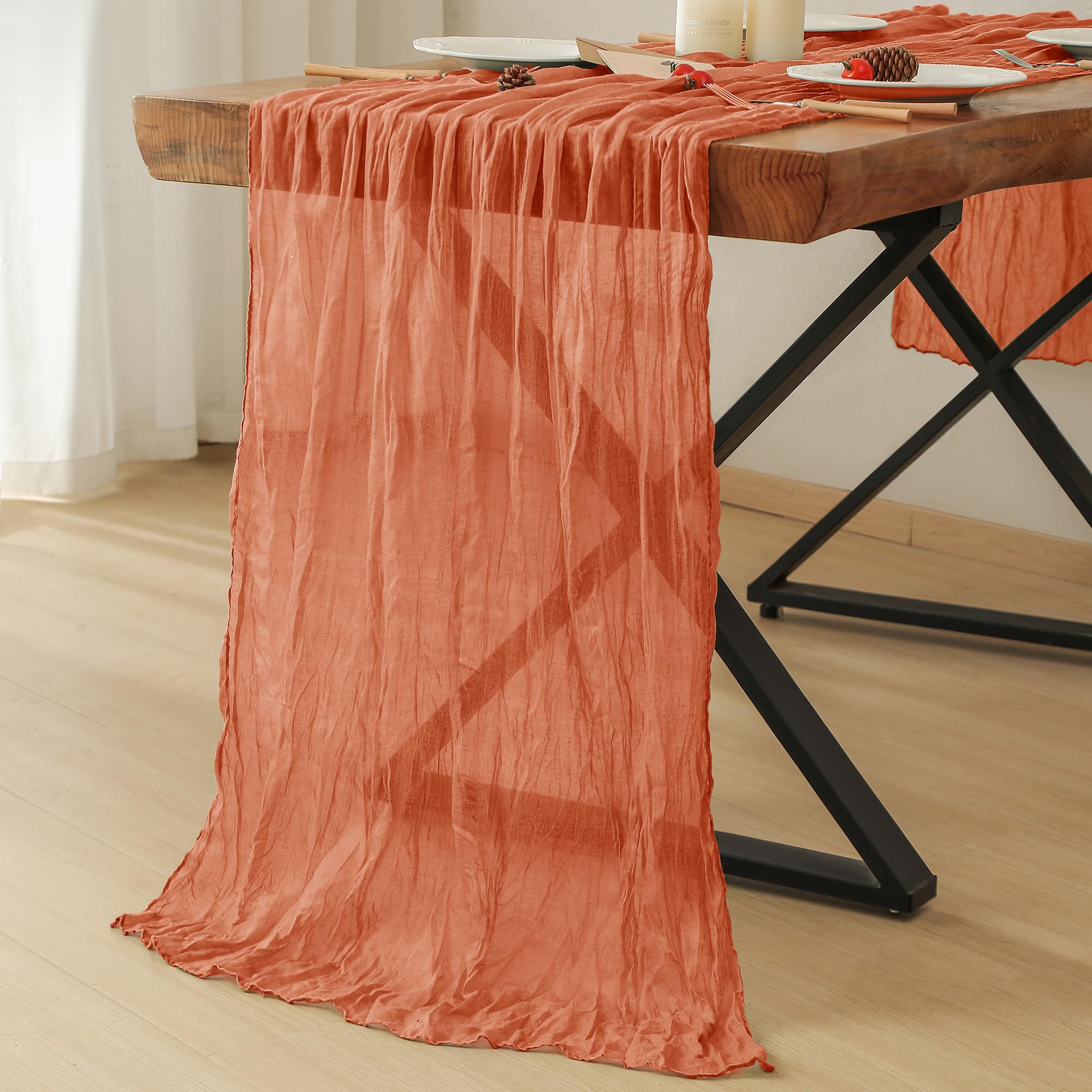 Leetaltree Orange Cheesecloth Table Runner, 35x120 Inch Boho Rustic Cheese Cloth, Decorative for Bridal Baby Shower or Wedding Decorations