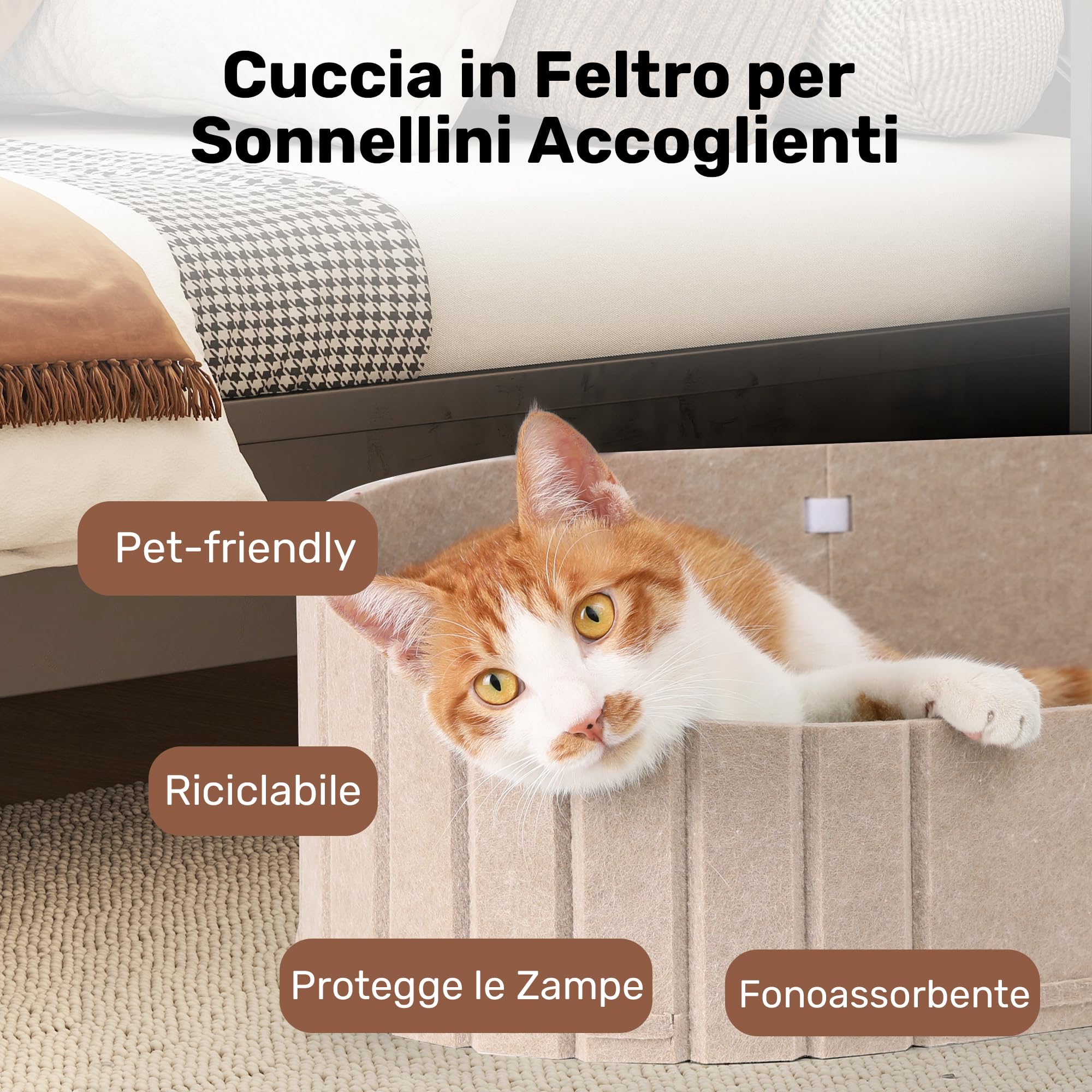FUKUMARU Cuccia per Gatti Interno- Letto Extra Large 60 cm con Cuscino in Peluche Finto Coniglio, Divano/Casa Ovale in Feltro per Gatti Domestici. Sabbia