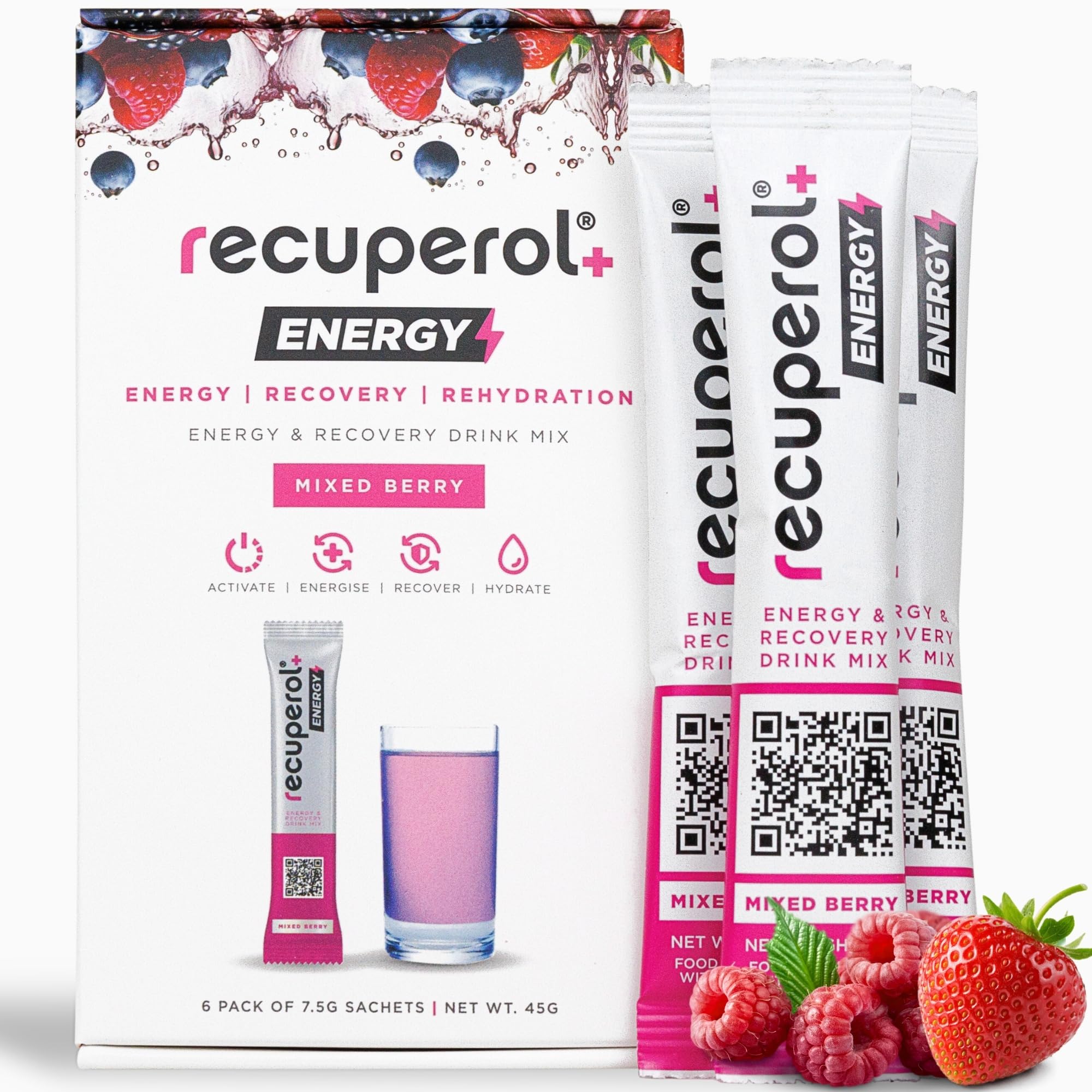 Recuperol Energy | Pre Workout & Recovery, Electrolytes Powder | 3-in-1 Rehydration, Energy & Multivitamin | 100mg Caffeine, Taurine, Potent Taste for Clean Energy - 6 Mixed Berry Sachets
