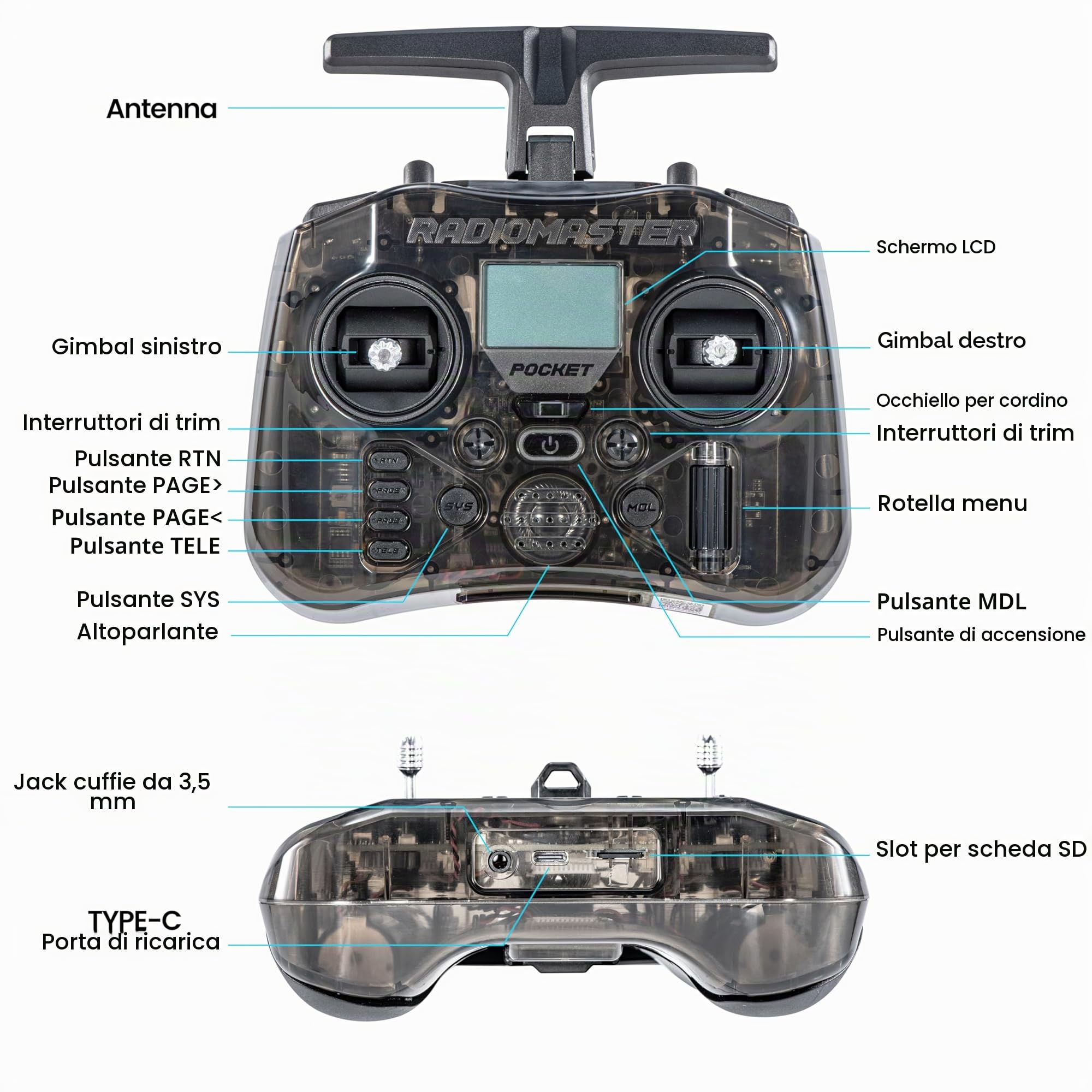 Telecomando Radiomaster Pocket ELRS - Trasmettitore EdgeTX Portatile con Joystick ad Effetto Hall e Luce LED, Compatibile con droni FPV/elicotteri RC, auto RC, barche RC e multirotori
