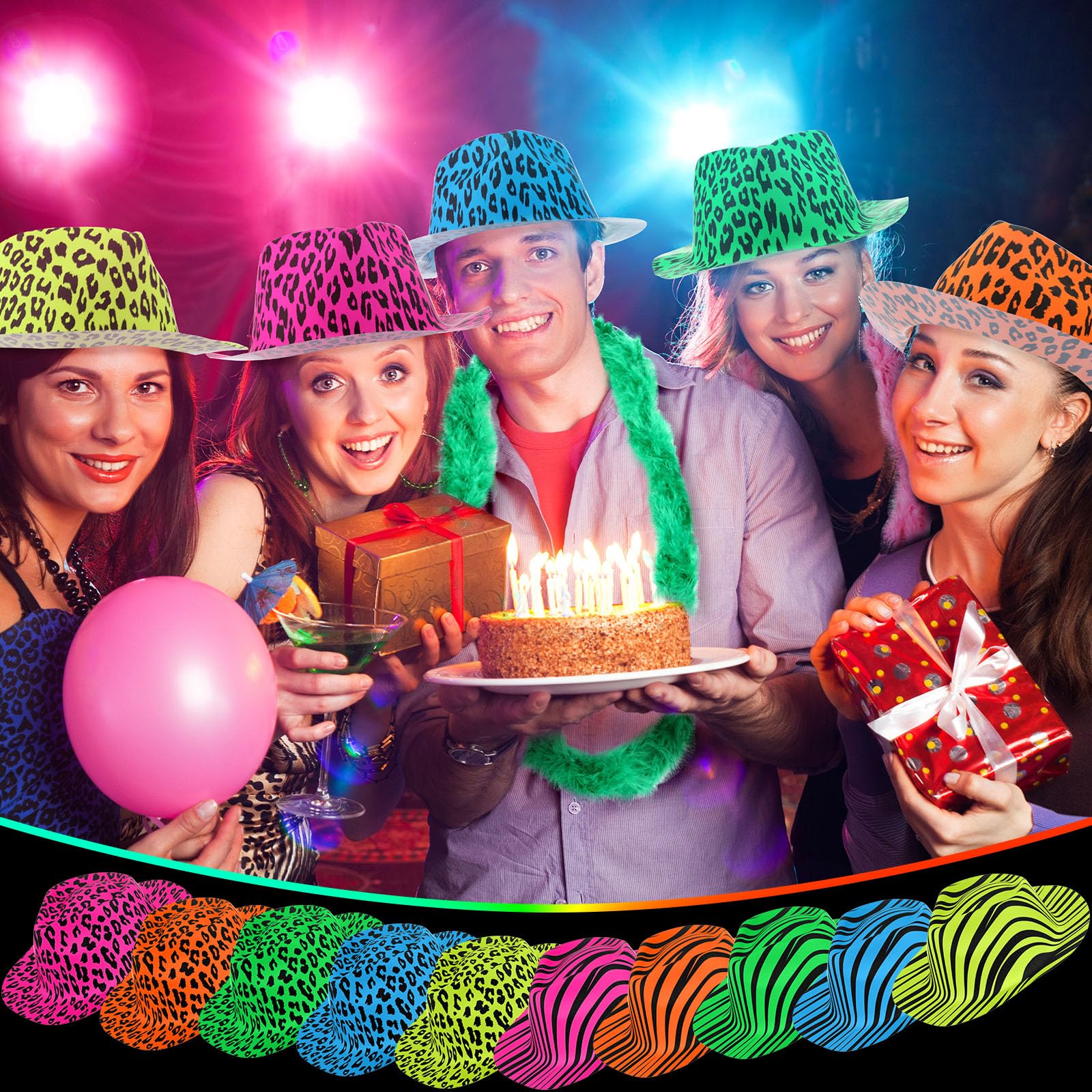 JaGely Paquete de 60 suministros de fiesta de neón que incluyen 30 sombreros de fiesta de plástico con estampado de animales de neón y 30 boas de plumas para cumpleaños, despedida de soltera, carnaval