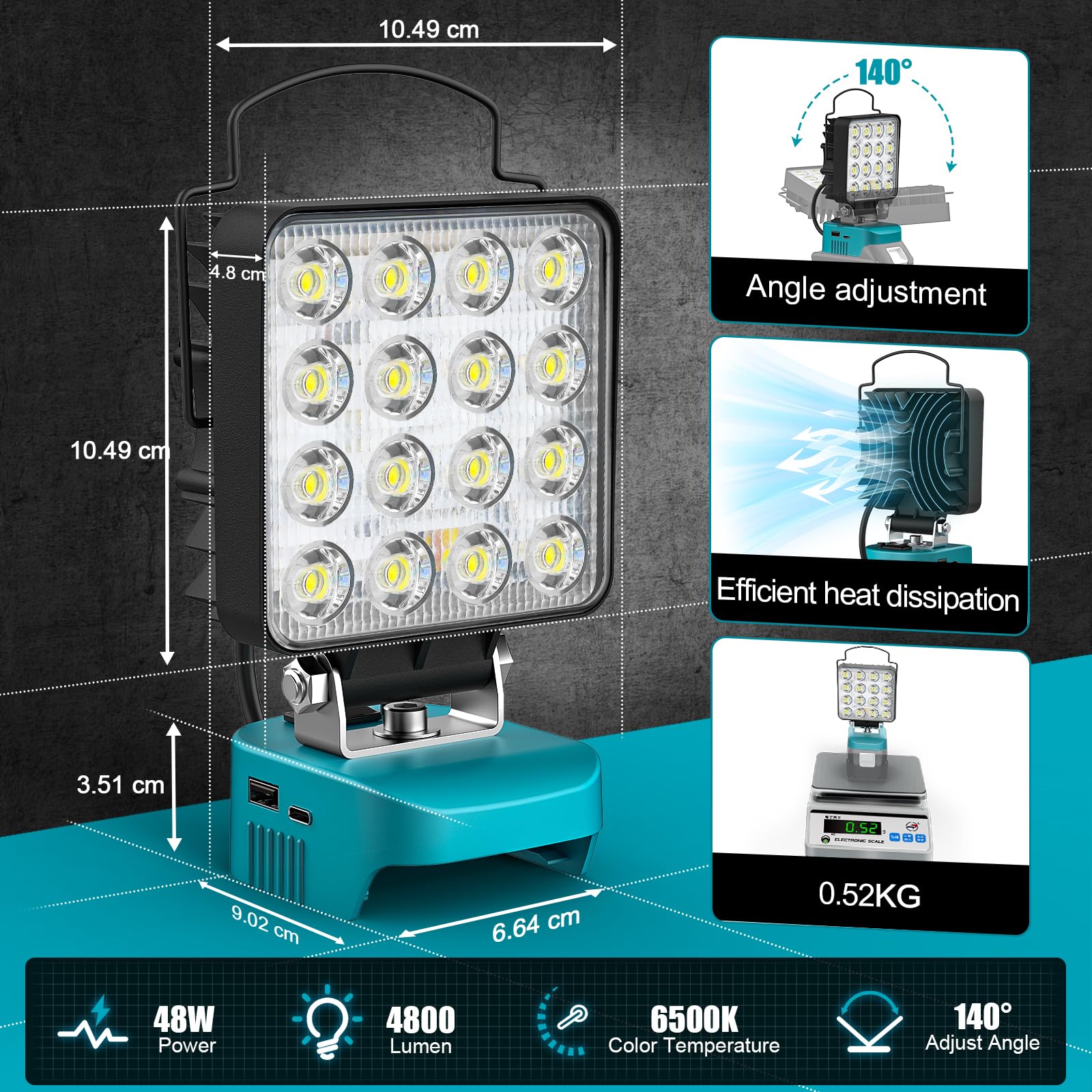 LIVOWALNY Lampe LED Rechargeable Compatible avec Makita 18V Batterie, 48 W Projecteur LED Chantier à Double Interrupteur avec Type C/USB Lampe de Travail Pour Camping, Chantier(Outils Uniquement)