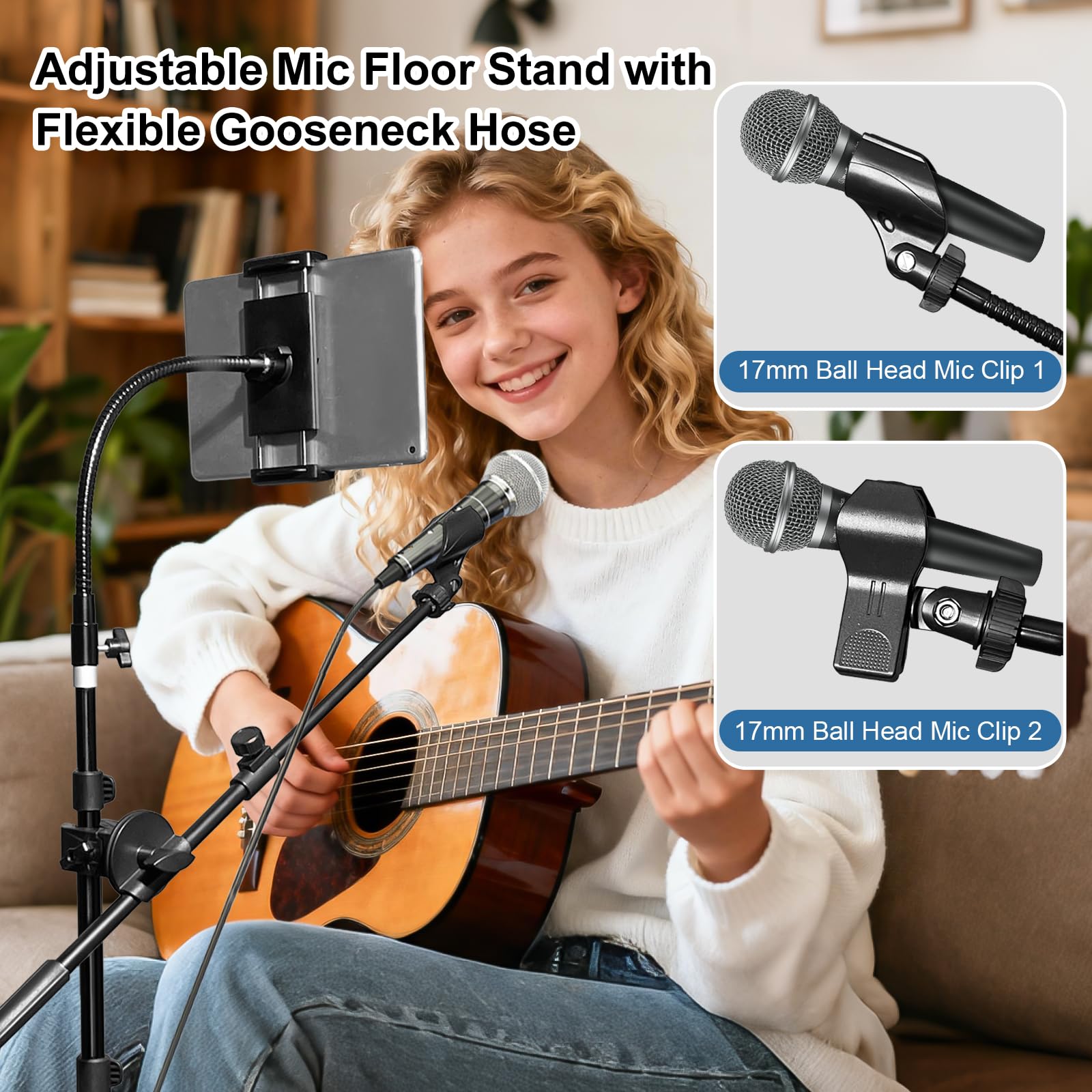 208,3 cm hoher Mikrofon- und iPad-Bodenstativ, faltbar, robuster Galgen-Mikrofonständer mit Handy-/Tablet-Halterung, Dual-Gerätehalterung für Singen, Performance, Karaoke, Sprache, Bühne und