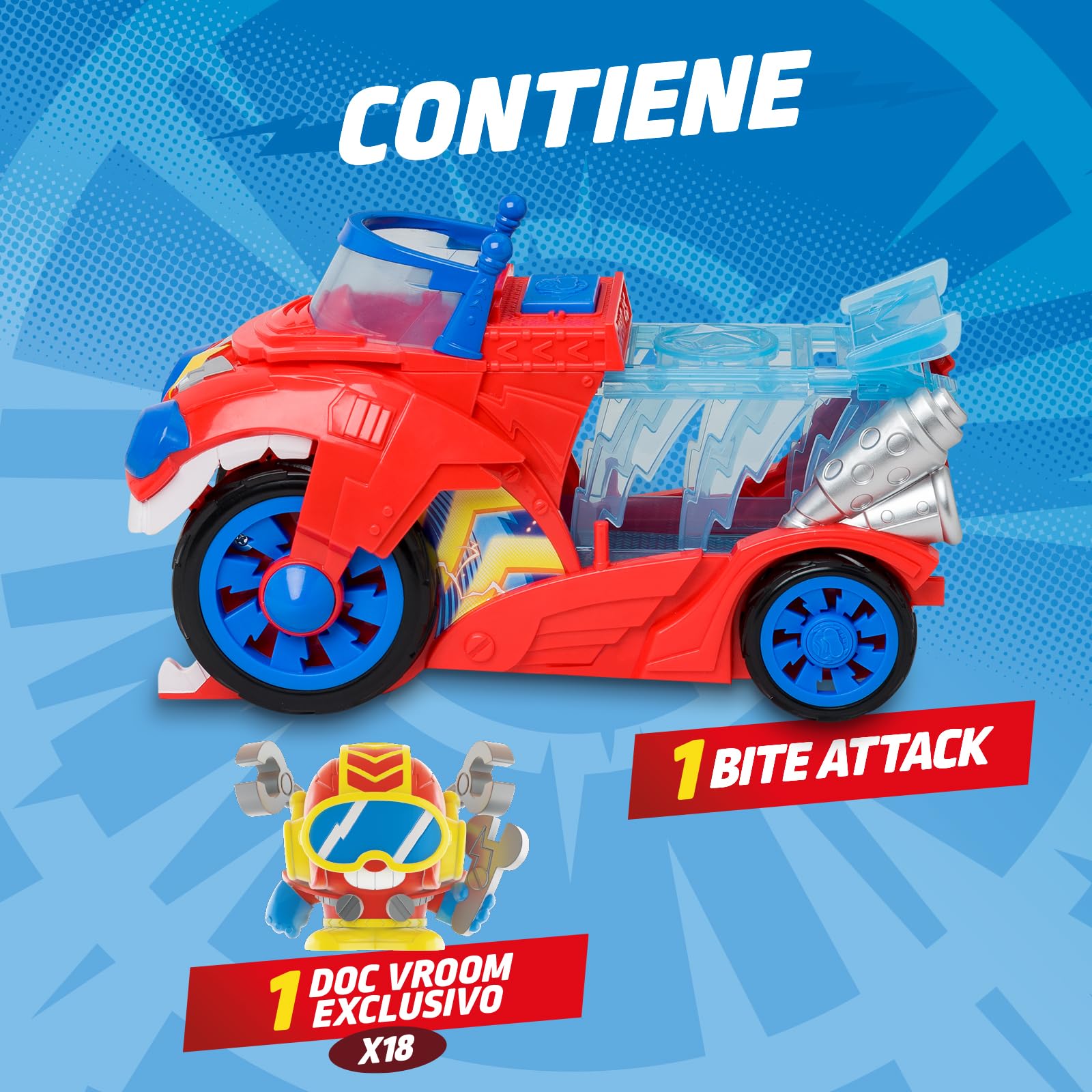 SUPERTHINGS – Bite Attack. Vehículo de Doc Vroom de la Serie de TV “SuperThings Kazoom Power”. Contiene 1 vehículo Bite Attack, 1 Doc Vroom Exclusivo, 1 cárcel extraíble