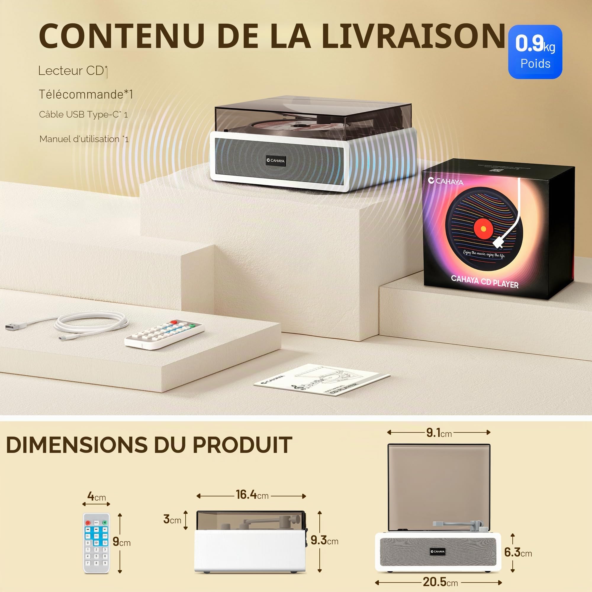 Lecteur CD portable CAHAYA pour usage domestique avec deux haut-parleurs Hi-Fi intégrés, télécommande et connexion pour téléphone et PC, parfait comme cadeau