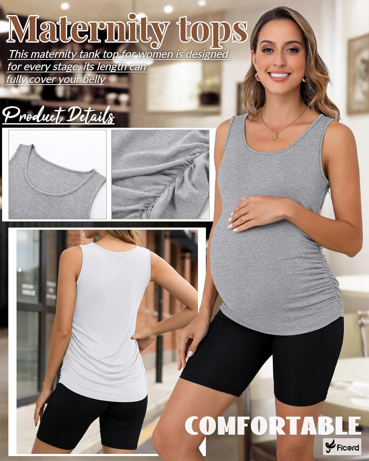 Ficerd 4 Pack Women's Maternity Tank Tops Sleeveless Side Ruched Top Crew Neck Casual Pregnancy T-Shirts Summer Basic - Image 6