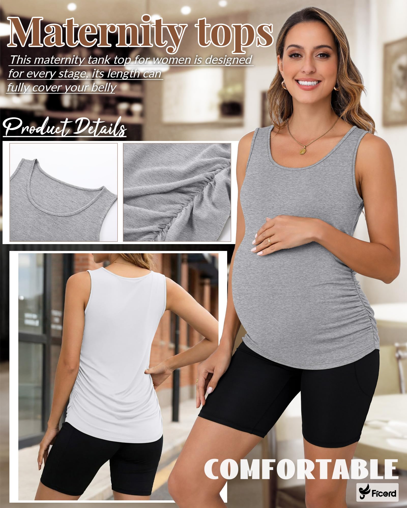 Ficerd Pack de 4 Camisetas Premamá de Tirantes Mujer sin Mangas con Fruncido Lateral Cuello Redondo Casual Verano