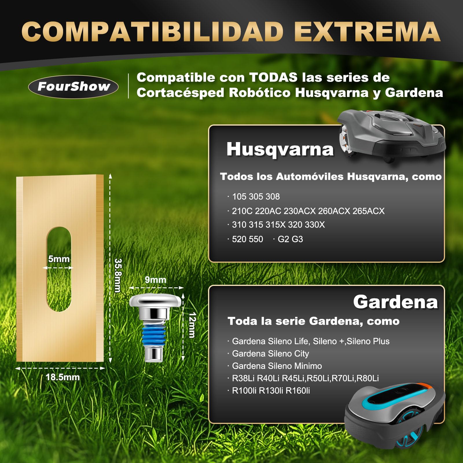 FourShow 36 Cuchillas Endurance Compatibles con Todos los Robots Cortacésped Husqvarna, Cuchillas de Reposición de Titanio Duraderas, Incluyendo Tornillos con Recubrimiento de Seguridad