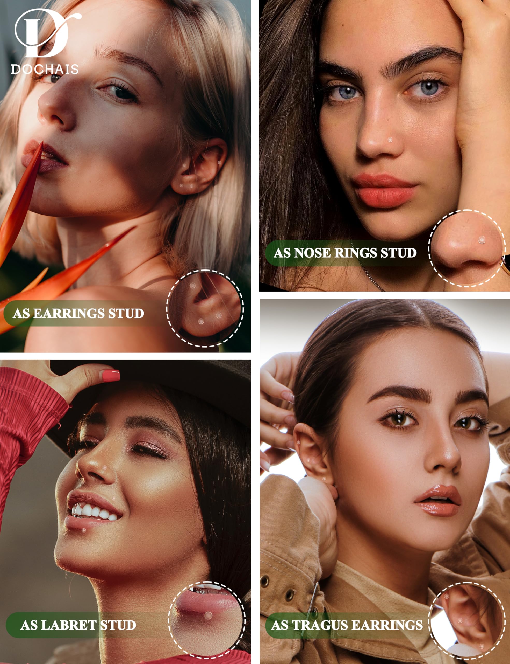 Dochais 18G 16G Transparente Labio Barras Studs Retenedores Acrílico Flexible Nariz Labret Piercing Retenedores Transparente Tragus Hélix Cartílago Piercing Oreja Retenedor 16 Piezas 6mm 8mm 10mm 12mm