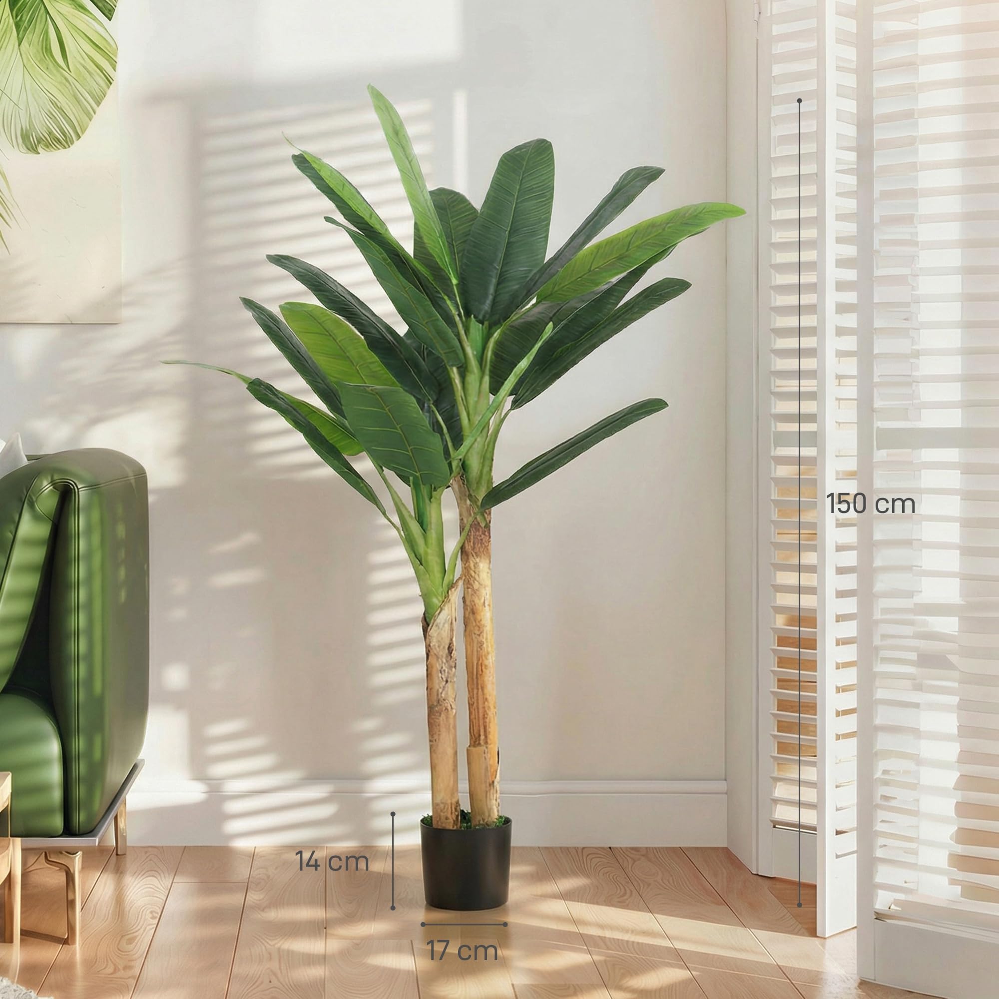 HOMCOM Árbol de Plátano Artificial 150 cm, Planta Artificial Decorativa con Maceta y 2 Troncos, para Decoración del Interior, Hogar, Oficina, Salón, Verde