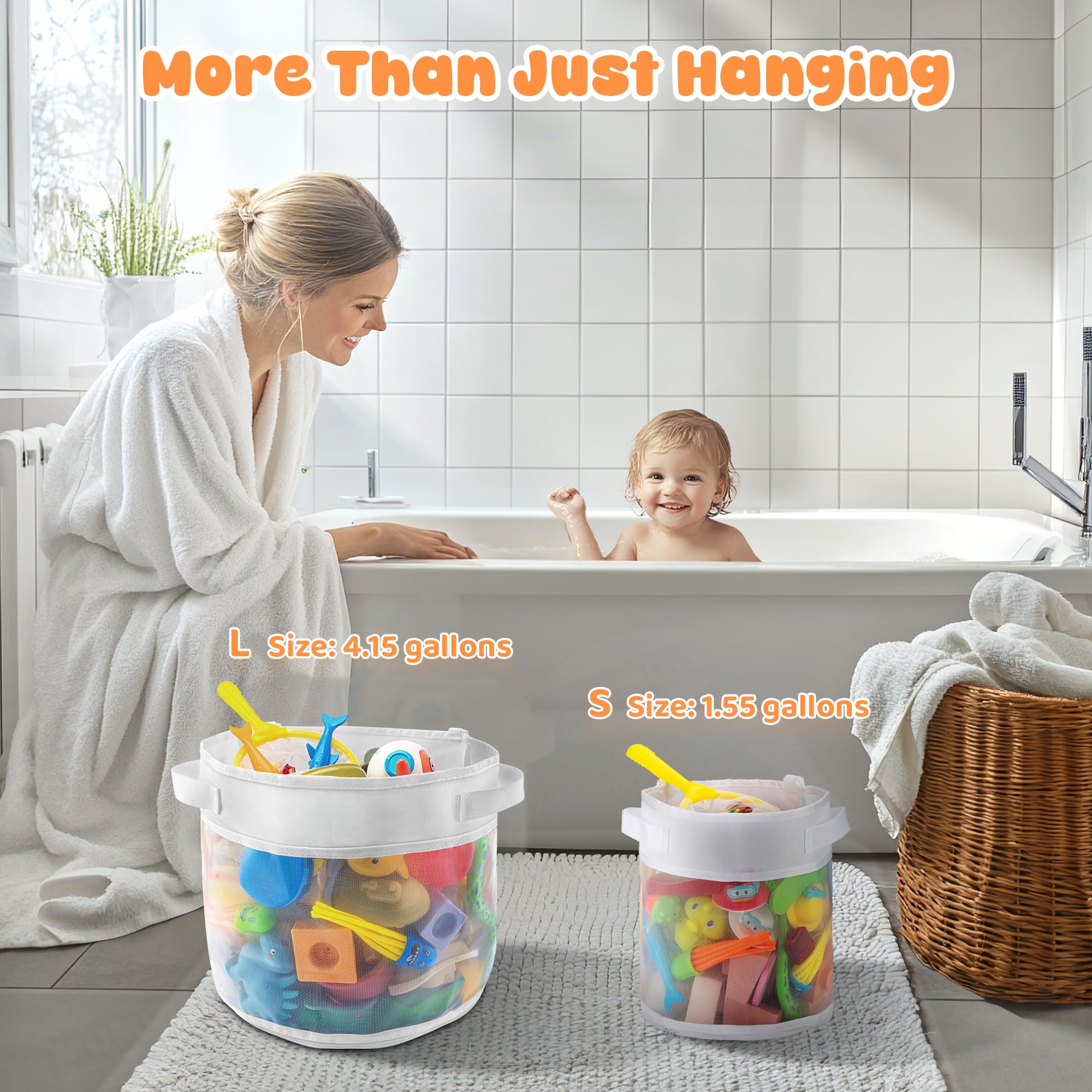 Bath Toy Storage, 1.55 Gallons Bath Toy Holder, Shower Caddy Bottom Zipper Bathtub Toys Storage Organizer Bag, Quick Access Baby Shower Games Bath Tub Toys Organizer Accessory White (S)