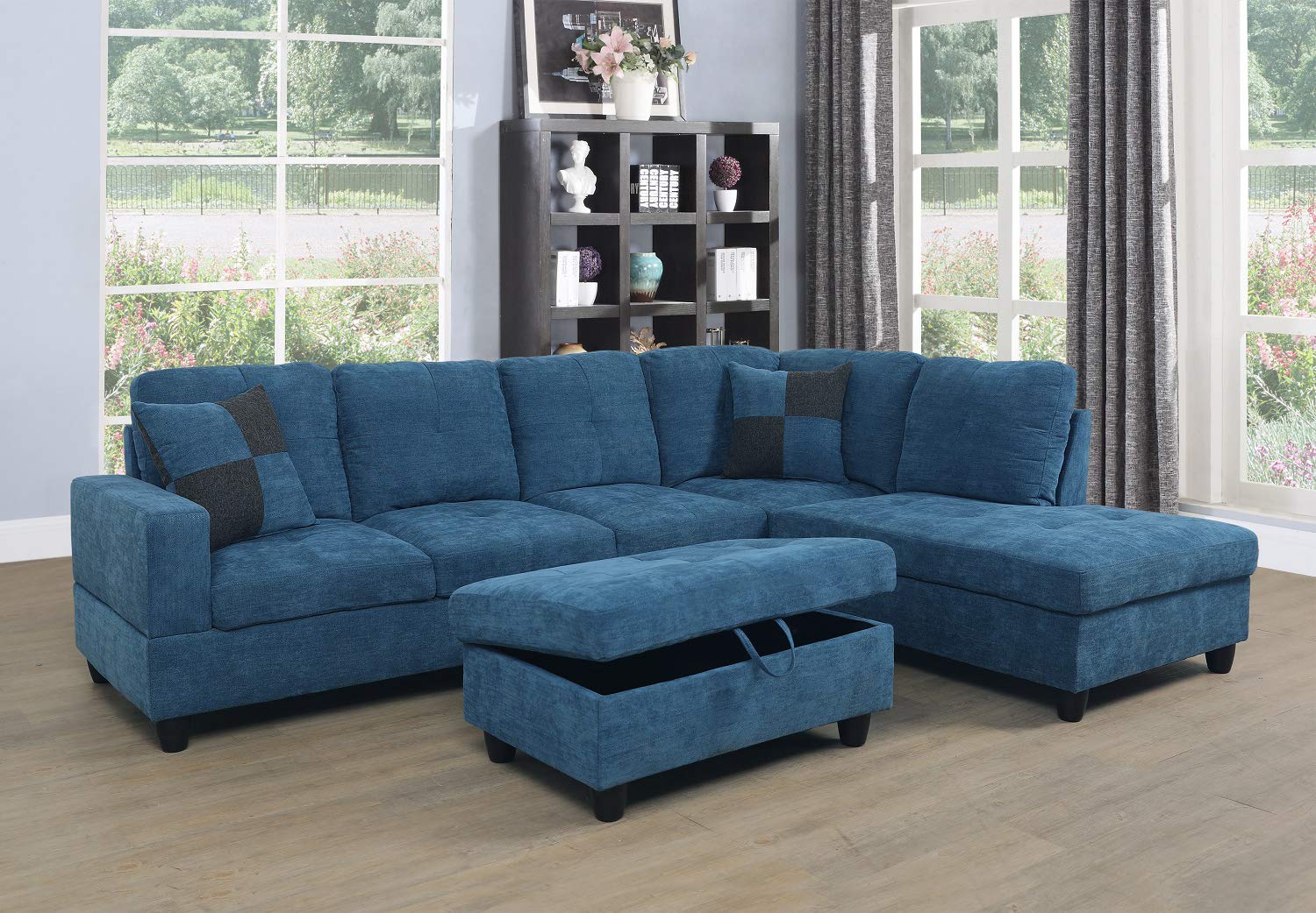 Beverly Fine Furniture Right Facing Russes Sectional Sofa Set With Ottoman, Blue