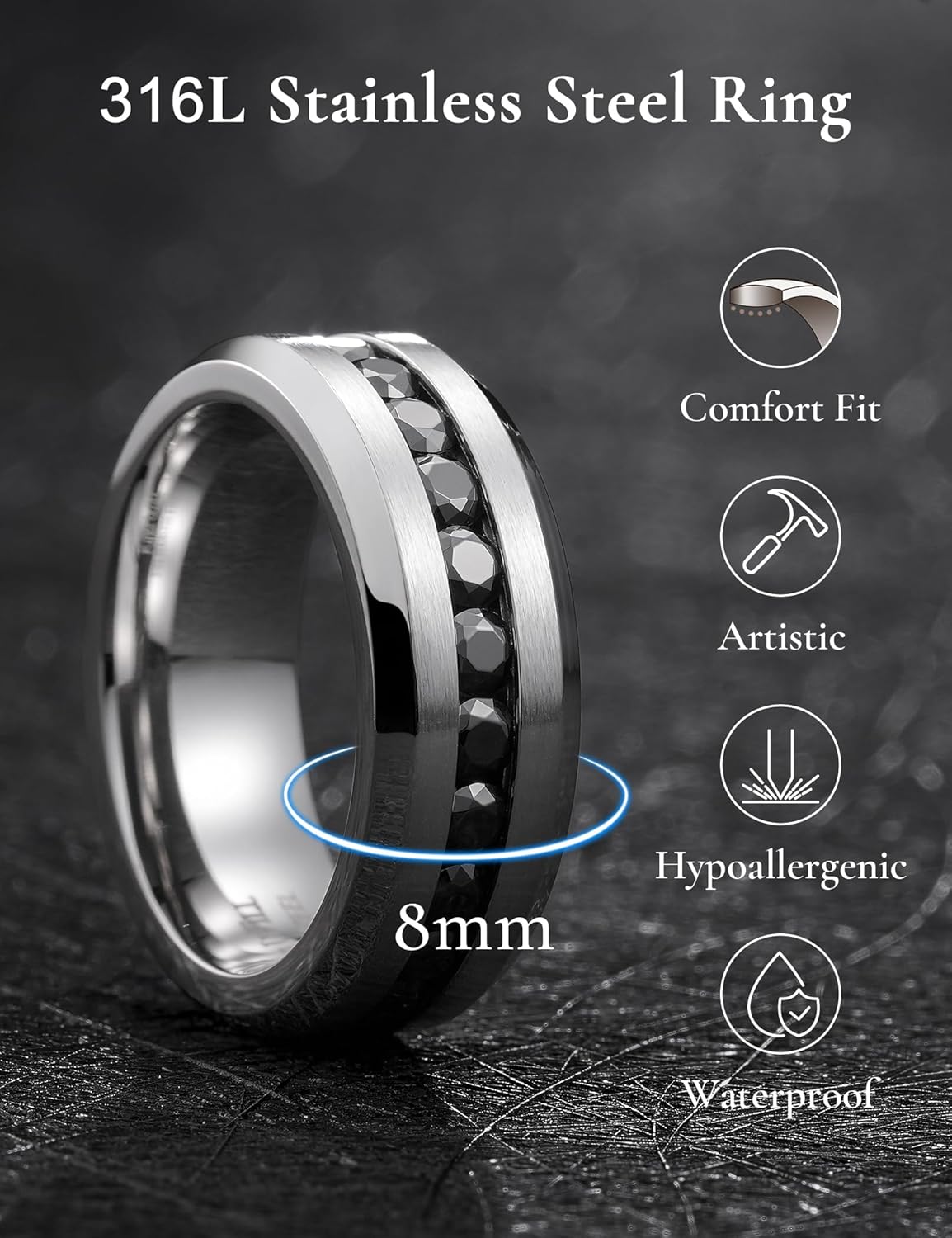 King Will 316L Stainless Steel Wedding Band for Men Women-6/7/8mm Width Silver-Tone Wedding Ring with Multicolor Cubic Zirconia Inlay, Durable Promise Ring Comfort Fit Size 7-14