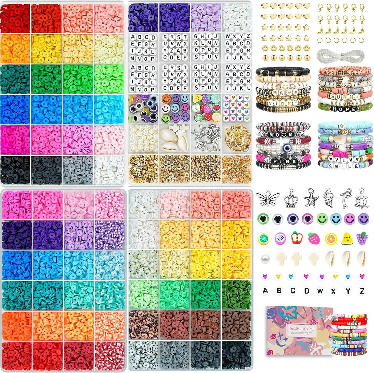 Velavior 13000pcs Clay Beads 𝐁𝐫𝐚𝐜𝐞𝐥𝐞𝐭 𝐌𝐚𝐤𝐢𝐧𝐠 Kit, 48 Colors Friendship Bracelets Polymer Heishi Beads Jewelry Making Kits with Charms Strings Crafts Gifts Toys Set for Kids Teen Girls