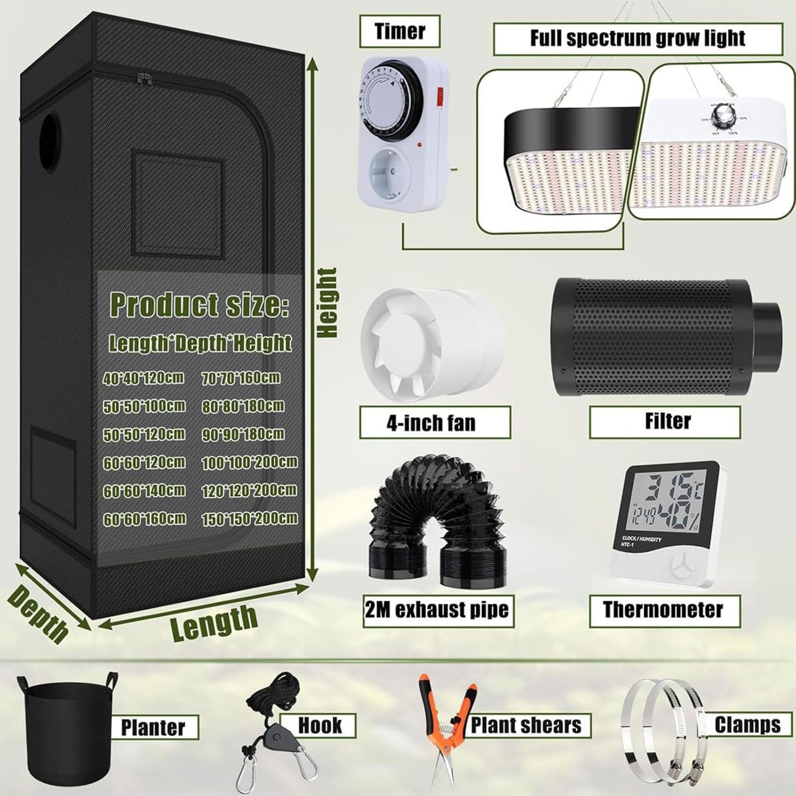 Kit Tenda per Coltivazione Interna Completo 40x40x120cm con Luce a Spettro Completo a LED, Monitor di umidità e Timer per Verdure idroponiche ed Erbe Che crescono in Cucina o Garage Domestico