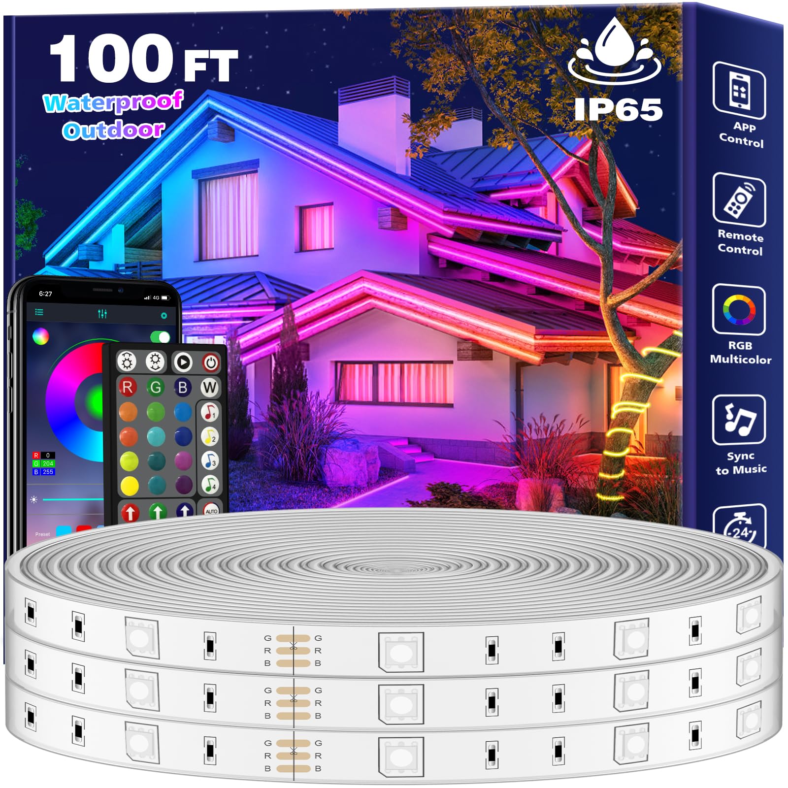 Aulimhti Bande LED Extérieure 30M Étanche Musique Sync RGB IP65 Bande LED Extérieur Étanche avec App Télécommande Lumières LED