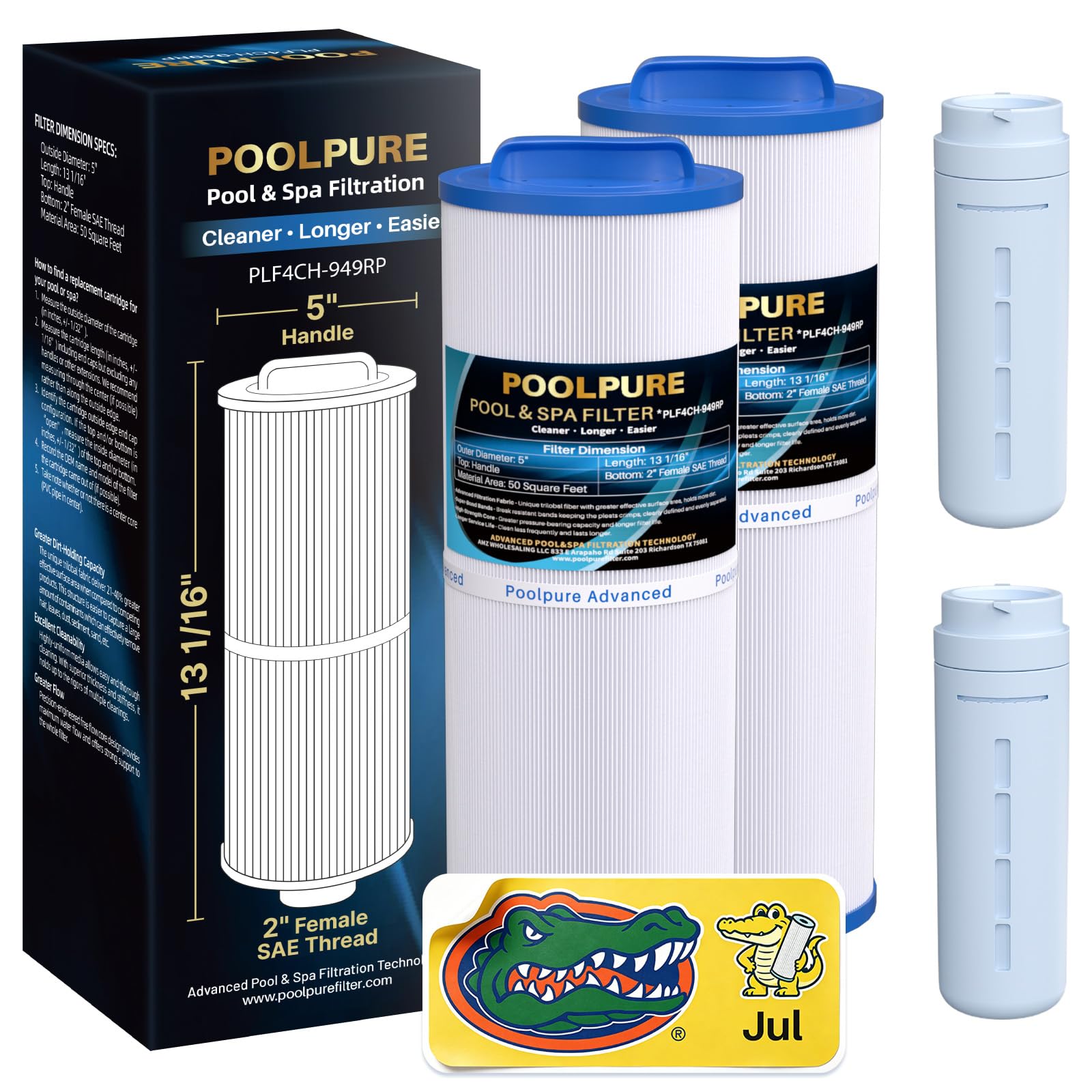 POOLPURE Lot de 2 filtres spa 4CH-949 remplaçant Pleatco PWW50L, 200702, fil50-5d13h15fct-3, Filbur FC-0172, SD-01143, 817-4050, Waterway Teleweir 50,50 m² avec distributeur intégré