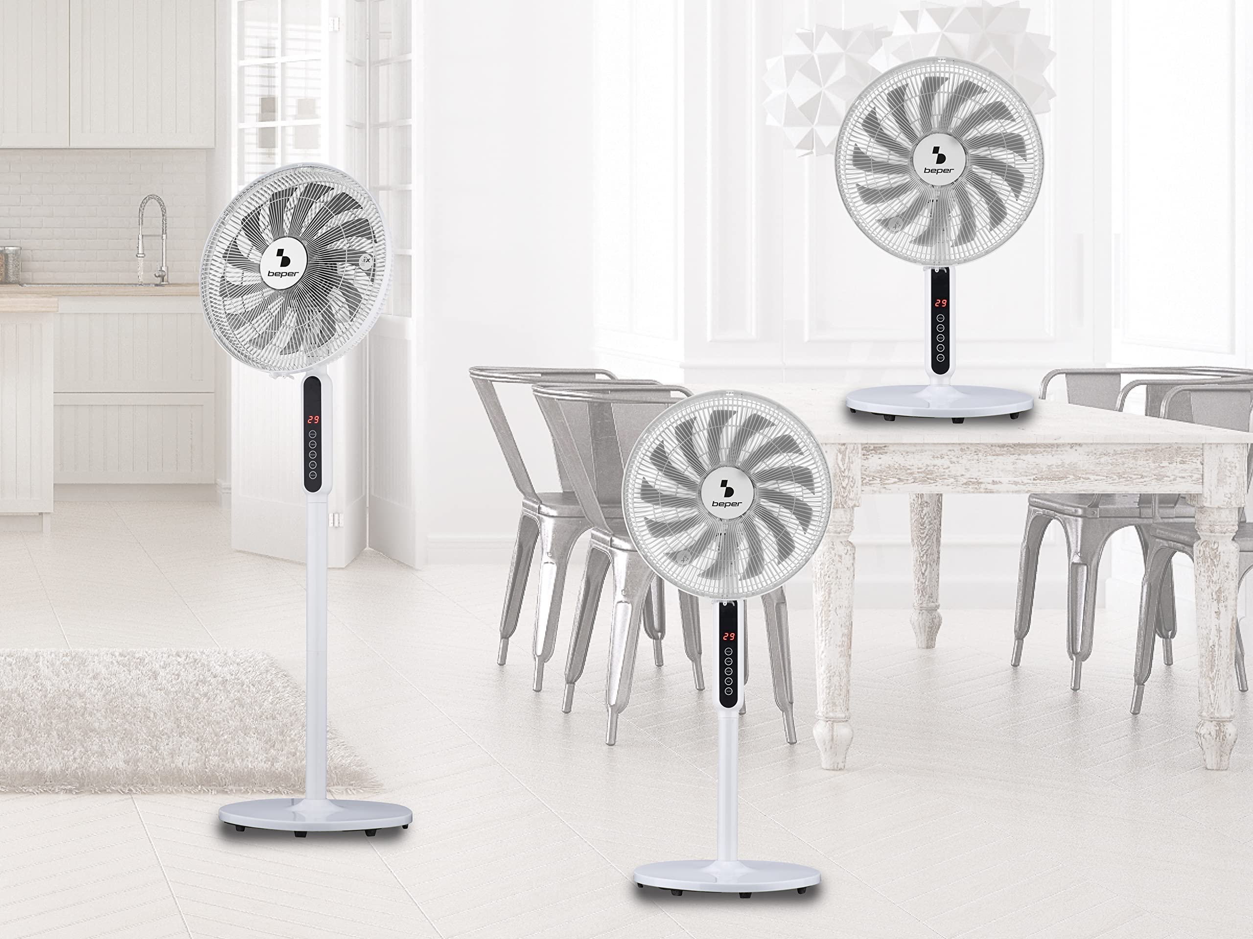 BEPER P206VEN103 Staande ventilator met 3 bladen, in hoogte verstelbaar tot 125 cm, 3 snelheden, automatische oscillatie, eenvoudige montage zonder gereedschap