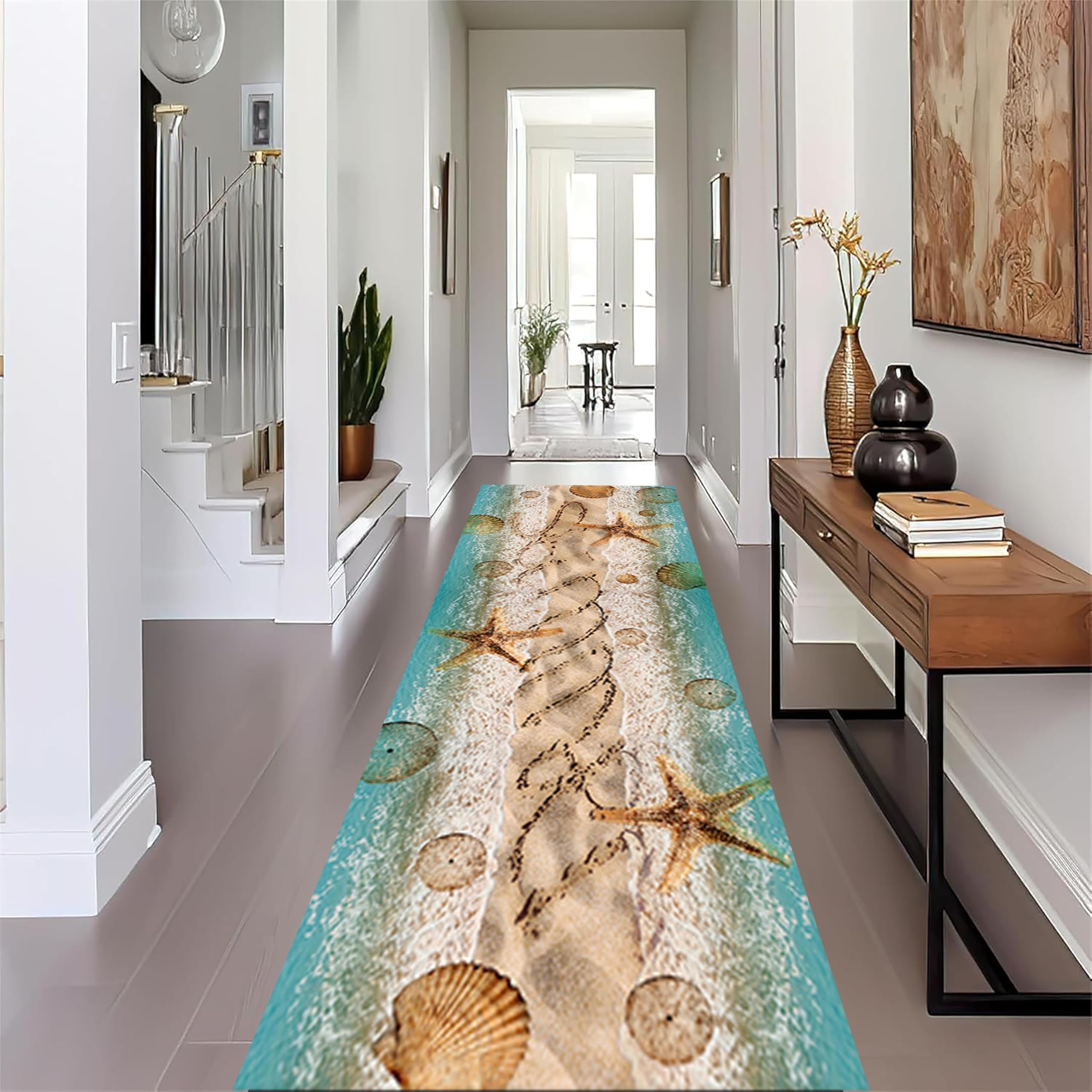 SCUAOMX Beach Ocean Themed Runner Rug, 2x6ft, Seaside Vacation Starfish Jellyfish Ripple Sandy Beach Hallway Rug, Non Slip Low Pile Coastal Decor Door