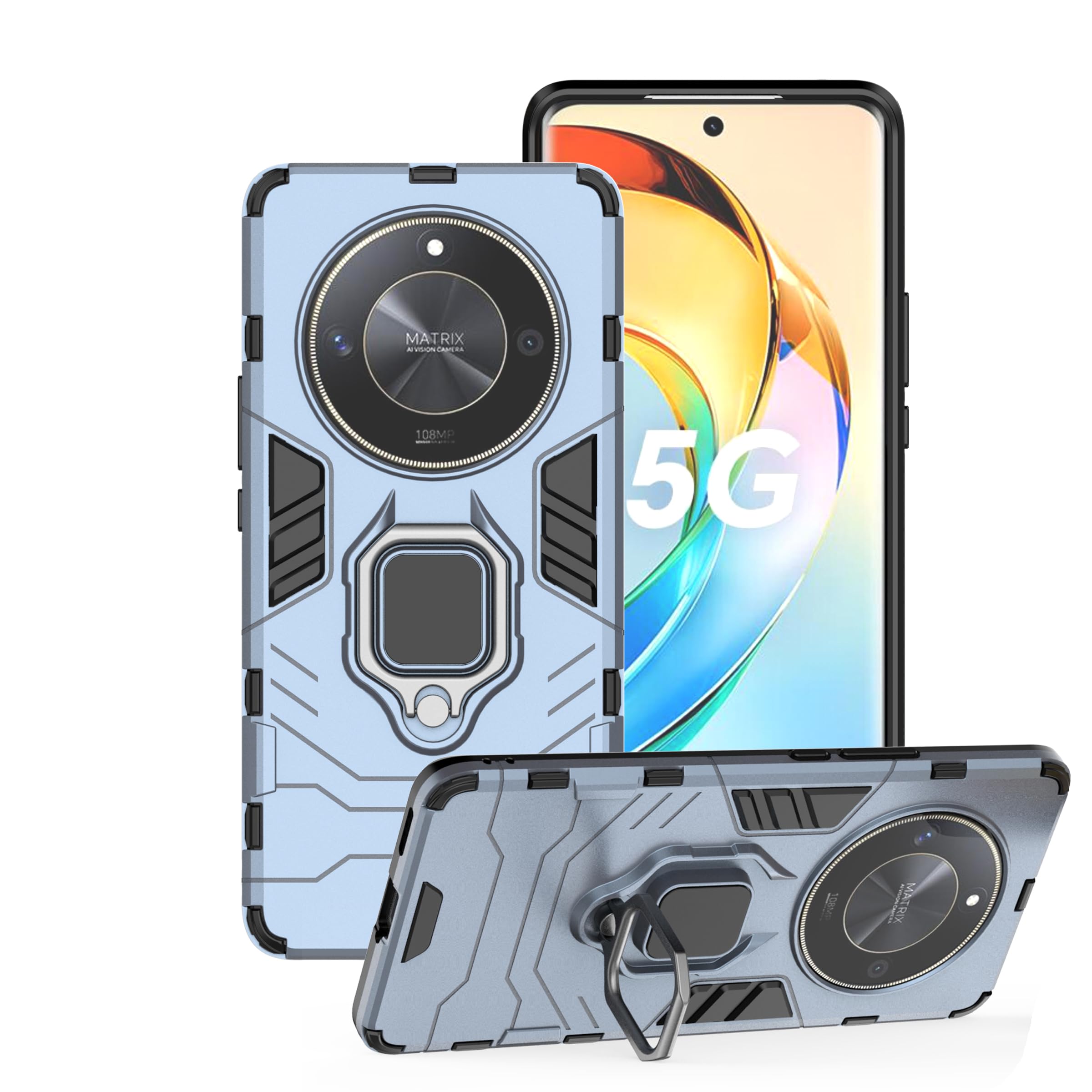 Phone Case for Honor Magic6 Lite 5G Case Heavy Duty Dual Layer Military Grade Shockproof Protective Cover with Magnetic Ring Kickstand - Blue