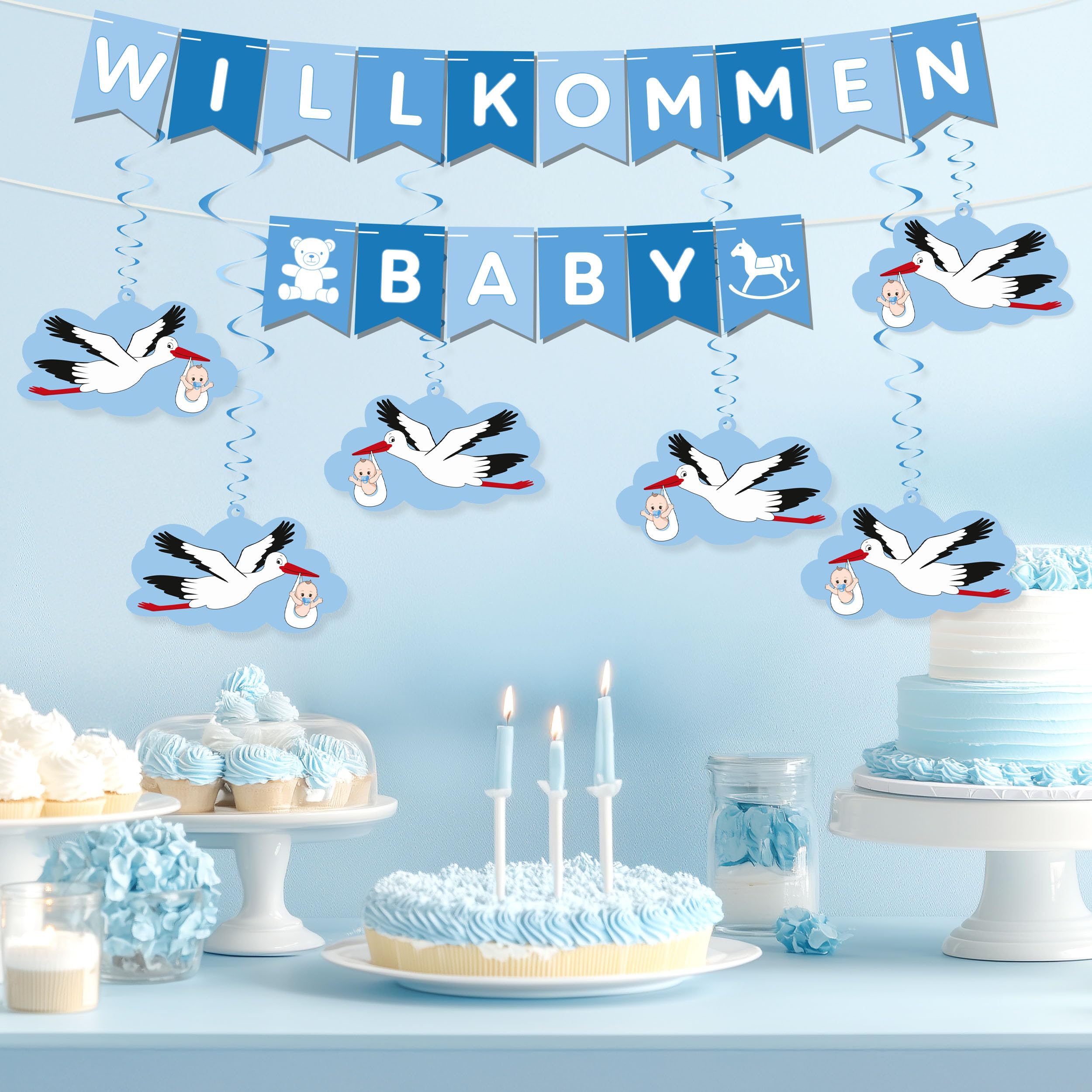 BRUBAKER Willkommen Baby Garland for Boys and Girls, Pennant Banner with Stork Pendants and Decorative Swirl Spirals - Image 2