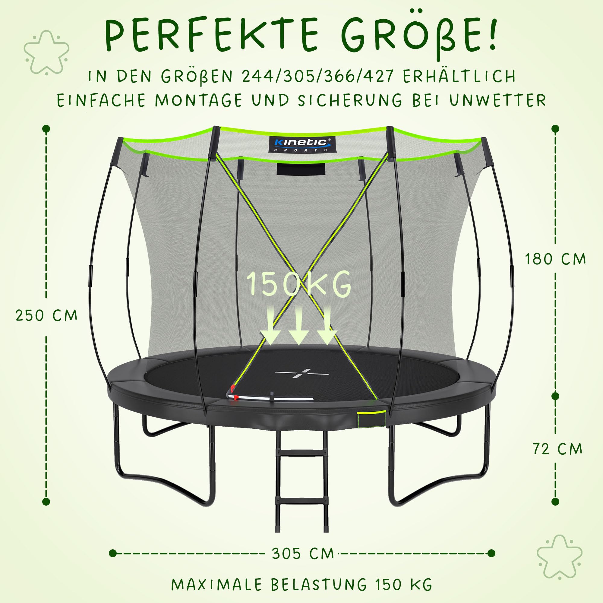 KINETIC SPORTS Trampolin Outdoor 'Ultimate Pro' Ø 244/305/366/427 cm – Kindertrampolin mit Leiter, Fieberglas-Netz, Gartentrampolin im Kürbis-Design, bis zu 160 kg, Schwarz
