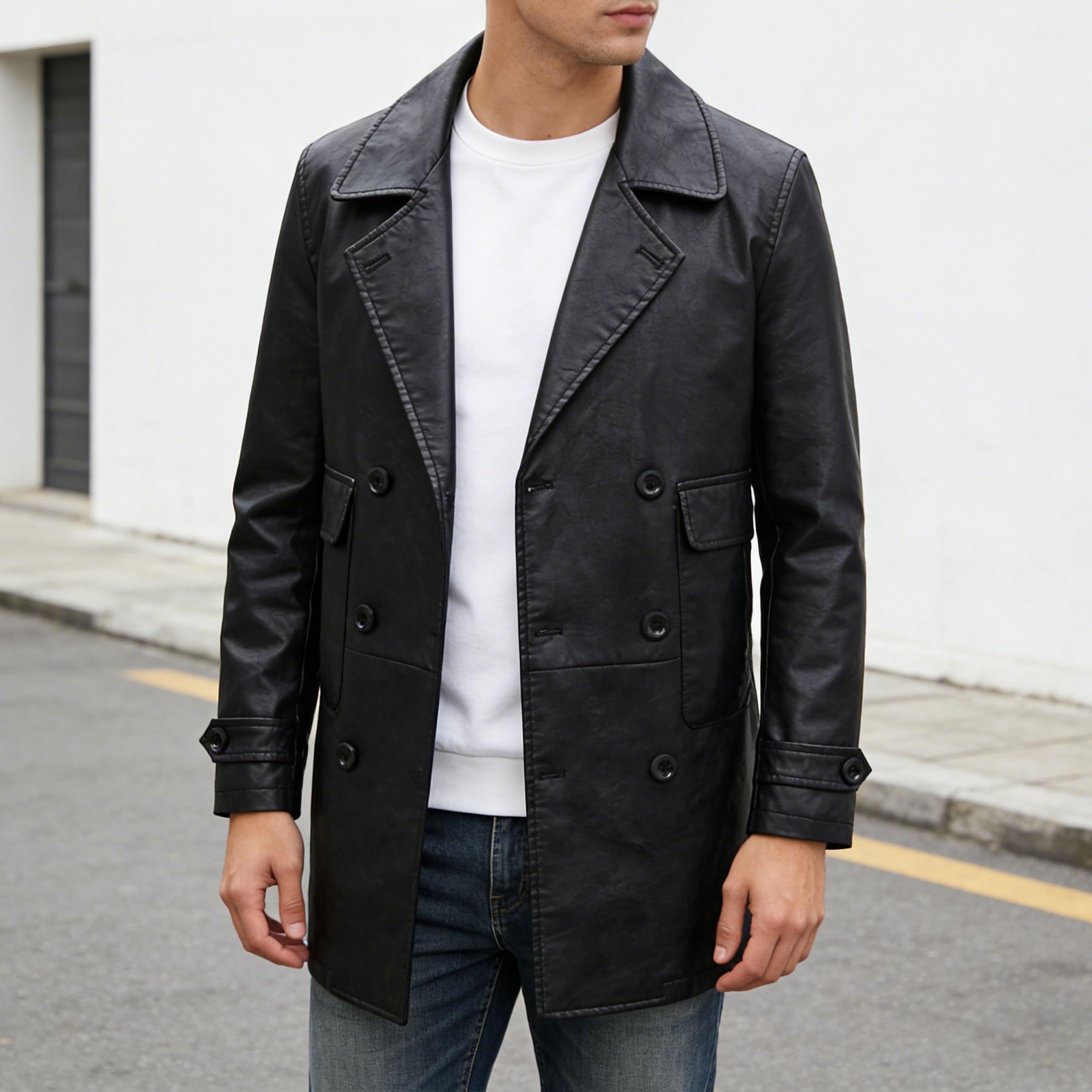 Chaqueta blazer cruzada de piel sintética para hombre, estilo motero, corte entallado, abrigo formal, elegante chaqueta de vestir.