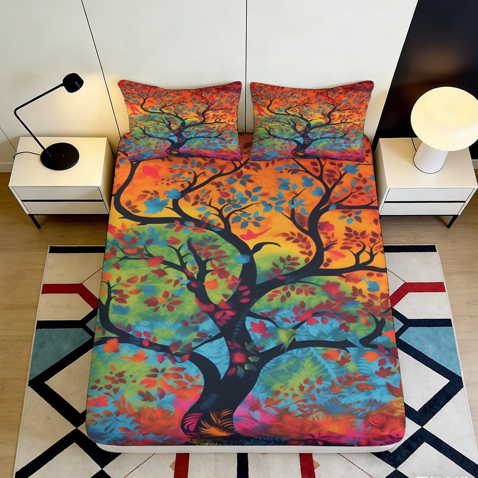 3D Printed Colorful Tree Art Fitted Sheet Microfiber Vibrant Leaves Bed Cover for Bedroom Dorm Mattress Protection Decor 180x200x25cm